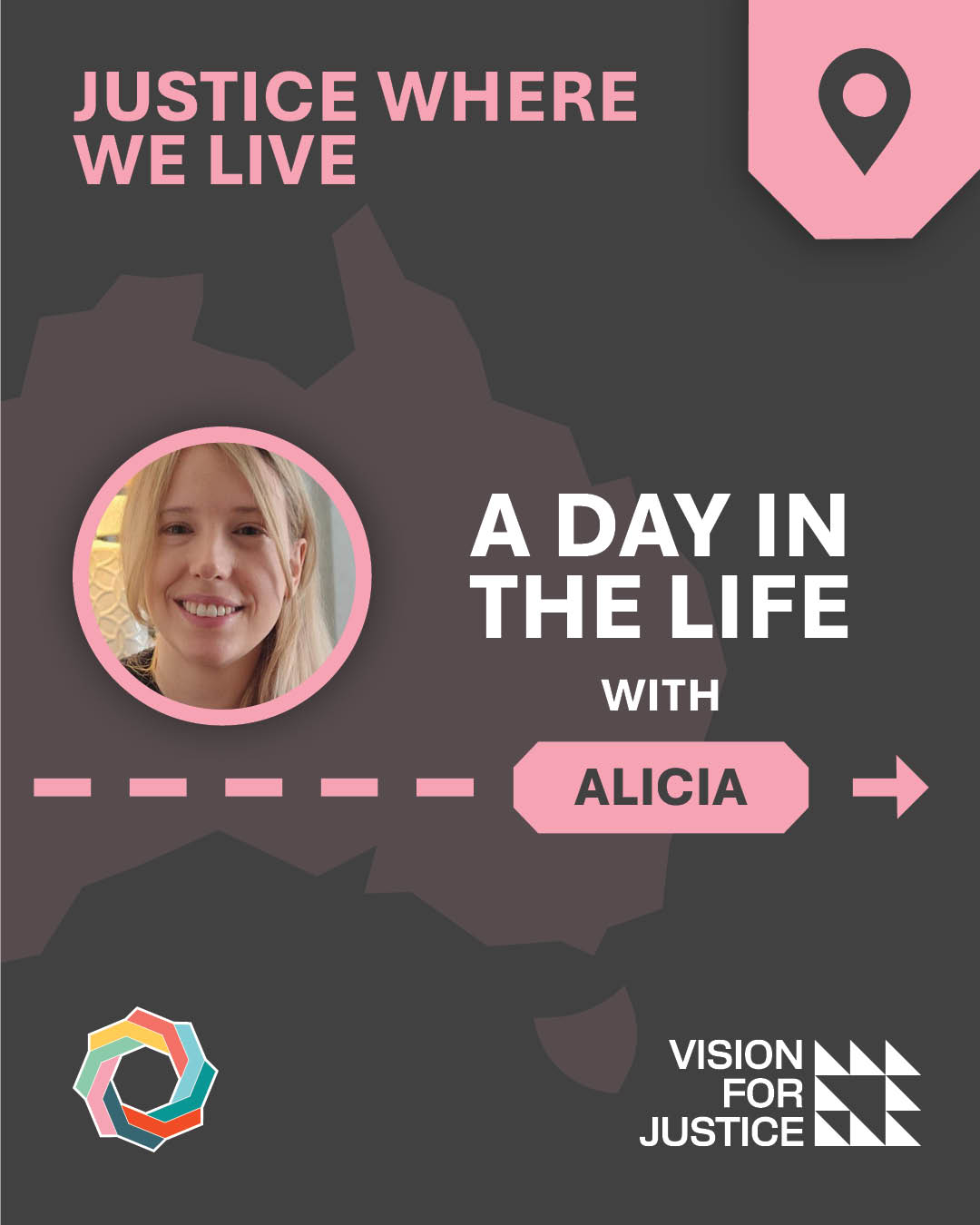 Tile with a photograph of Alicia and text "A day in the life with Alicia"