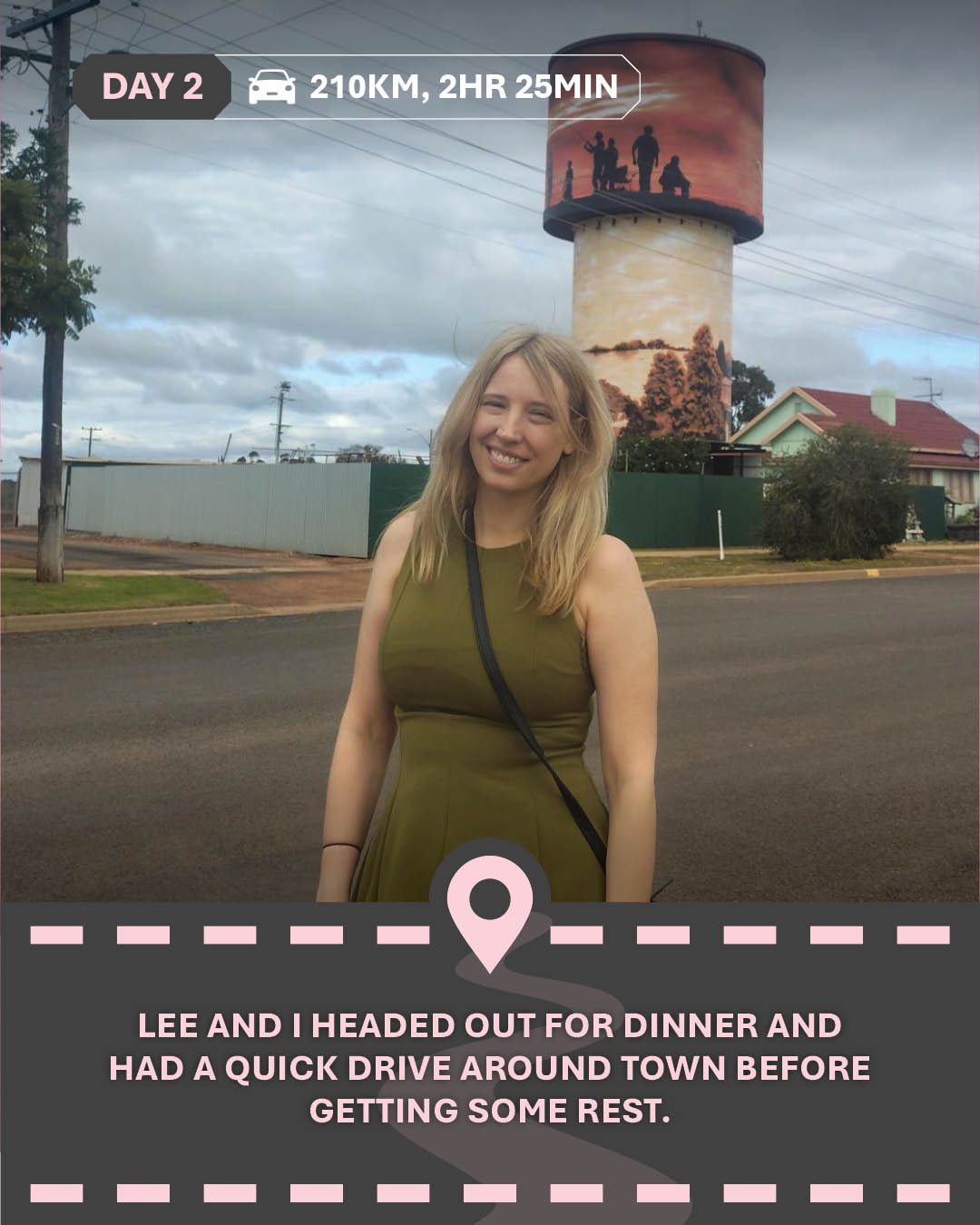 Image of Alicia in a green dress smiling at the camera standing by a road, with text "Lee and I headed out for dinner and had a quick drive around town before getting some rest."
