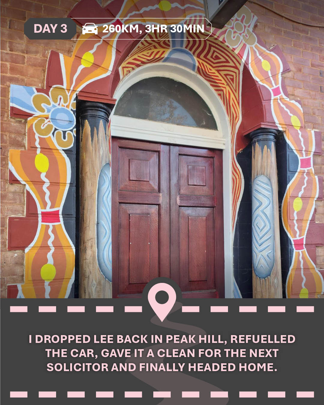Image of a door with painted walls surrounding it, with text "I dropped Lee back in Peak Hill, refuelled the car, gave it a clean for the next solicitor and finally headed home. "