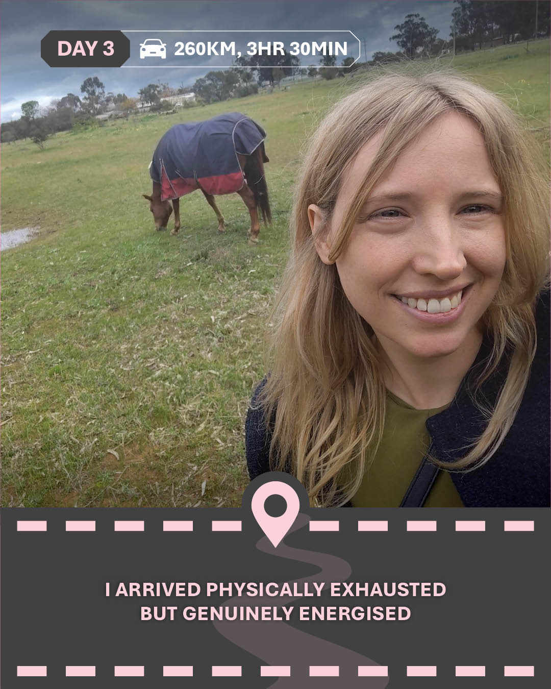 Image of Alicia with horses in a paddock, with text "I arrived physically exhausted but genuinely energised."