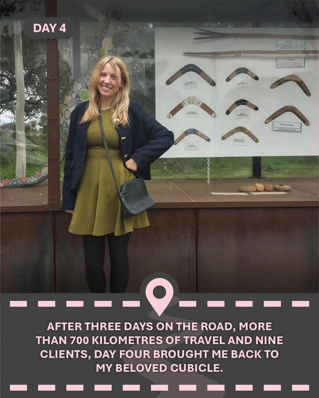 Image of Alicia in front of a display of boomerangs, with text "After three days on the road, more than 700 kilometres of travel and nine clients, day four brought me back to my beloved cubicle."