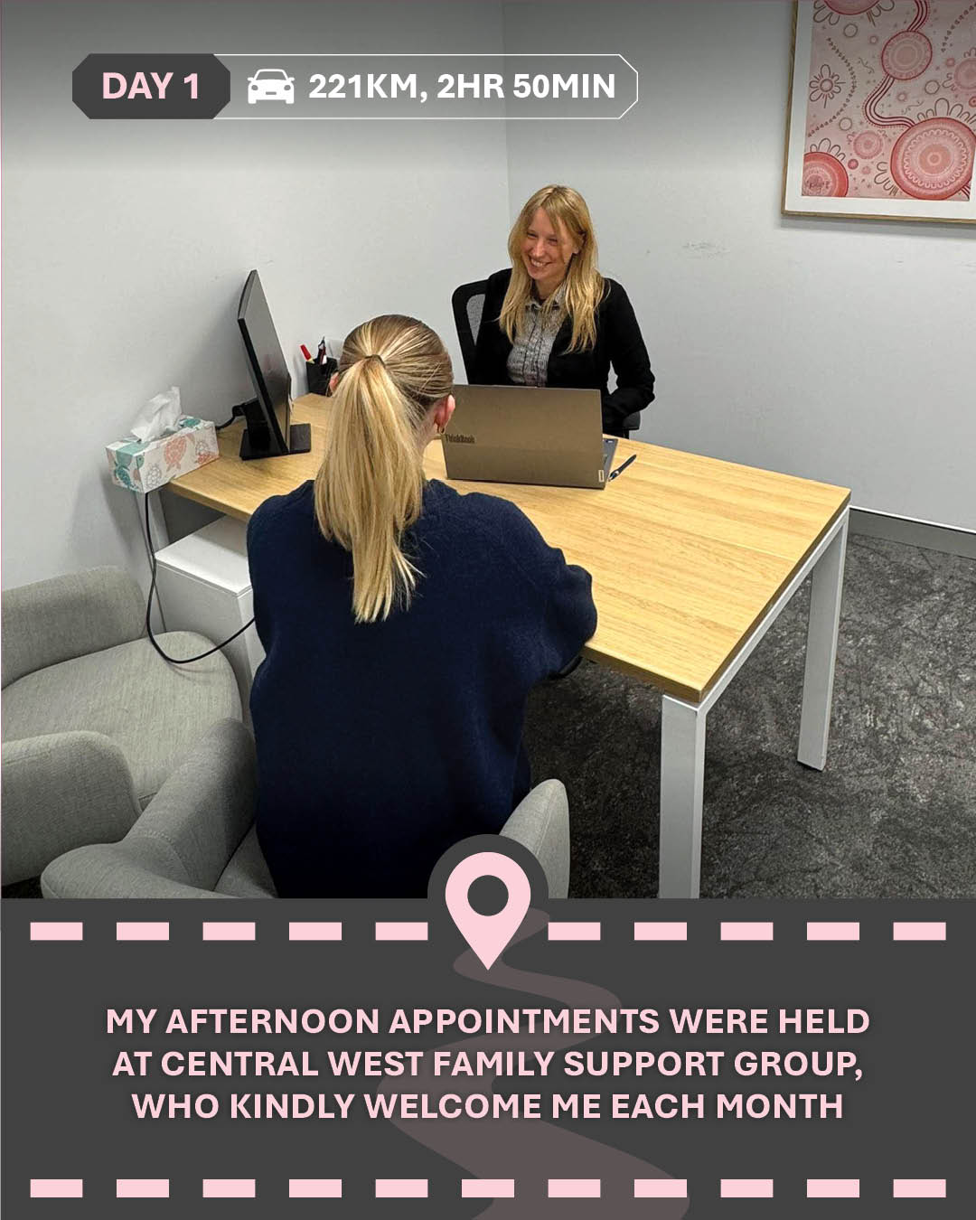 Image of Alicia in an appointment, with text My afternoon appointments were held at Central West Family Support Group, who kindly welcome me each month."
