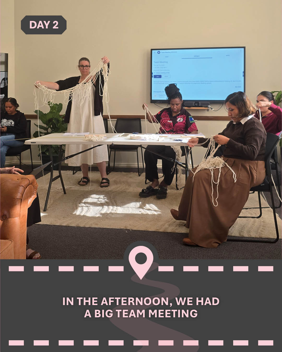 Image of a room of people sitting in a room, with text " In the afternoon, we had a big team meeting