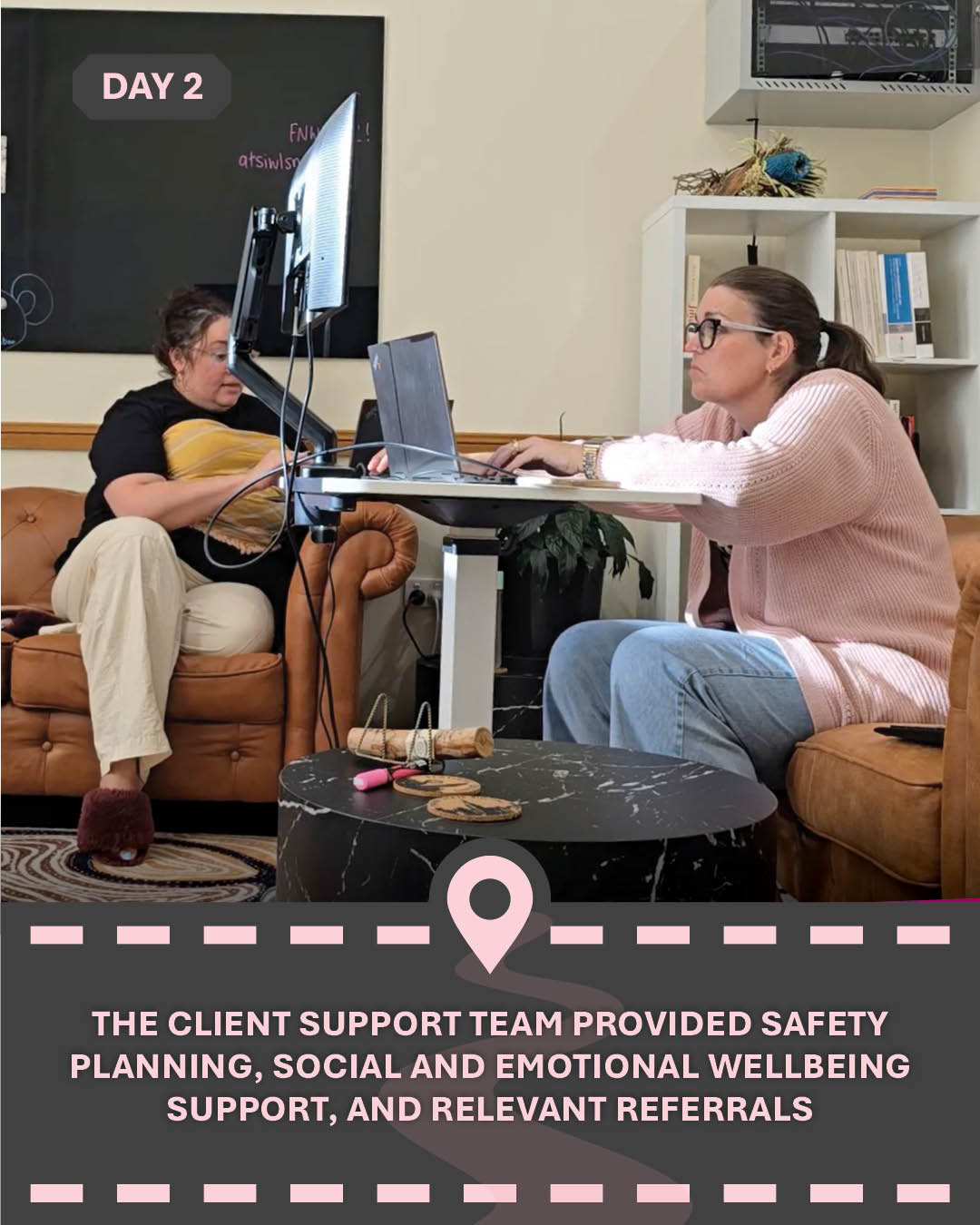 Image of Penney and a colleague working on laptops, with text "The client support team provided safety planning, social and emotional wellbeing support, and relevant referrals"