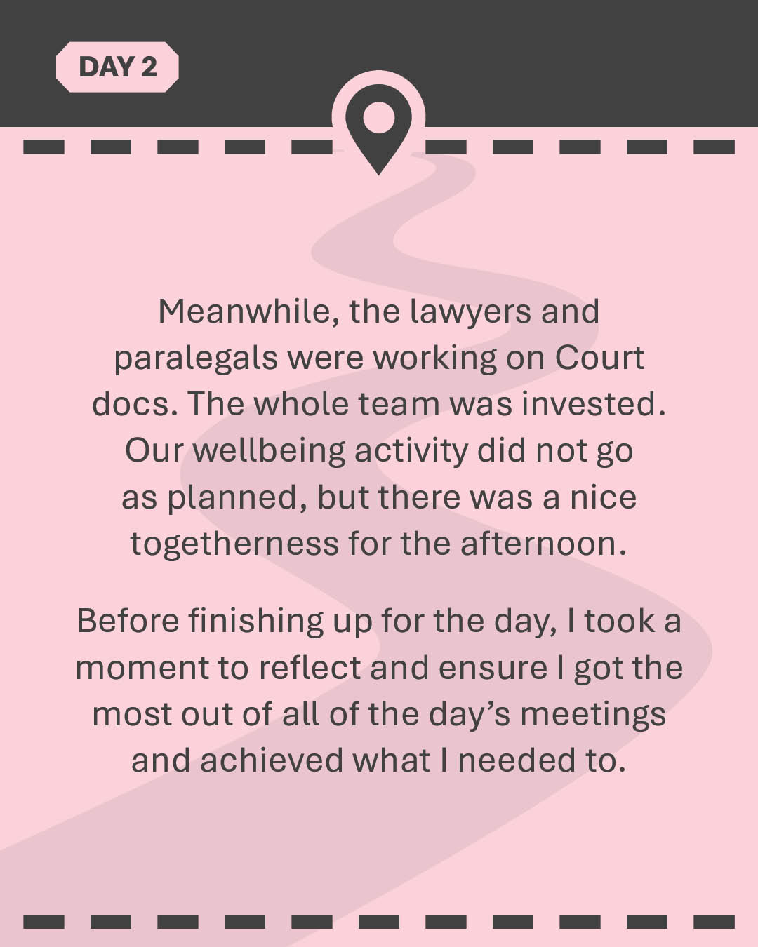 Meanwhile, the lawyers and paralegals were working on Court docs. The whole team was invested. Our wellbeing activity did not go as planned, but there was a nice togetherness for the afternoon. Before finishing up for the day, I took a moment to reflect and ensure I got the most out of all of the day's meetings and achieved what I needed to.