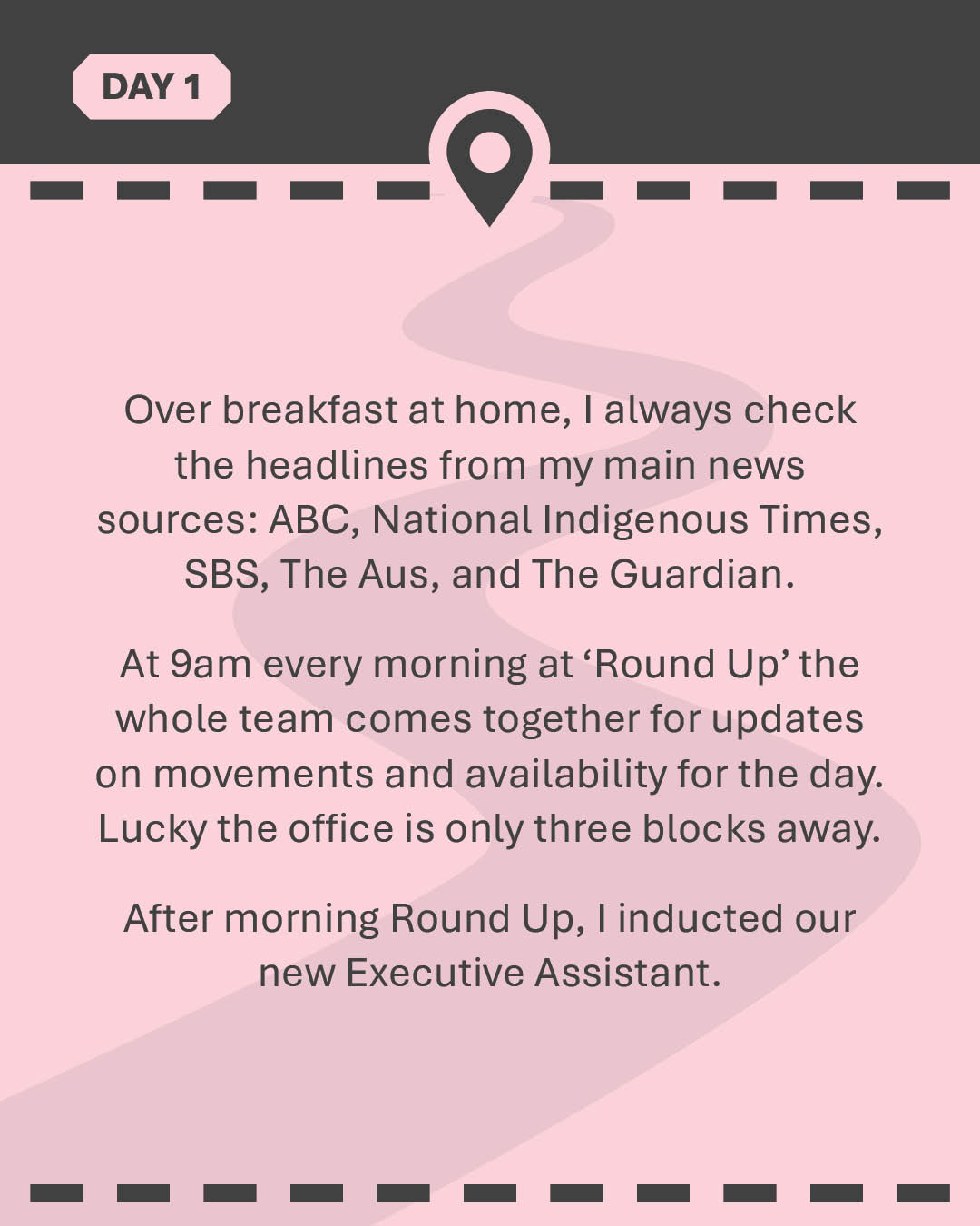 Over breakfast at home, I always check the headlines from my main news sources: ABC, National Indigenous Times, SBS, The Aus, and The Guardian. At 9am every morning at ‘Round Up’ the whole team comes together for updates on movements and availability for the day. Lucky the office is only three blocks away. After morning Round Up, I inducted our new Executive Assistant.