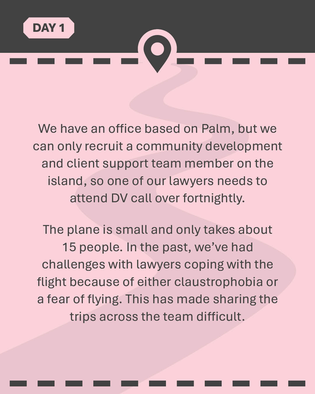 We have an office based on Palm, but we can only recruit a community development and client support team member on the island, so one of our lawyers needs to attend DV call over fortnightly. The plane is small and only takes about 15 people. In the past, we've had challenges with lawyers coping with the flight because of either claustrophobia or a fear of flying. This has made sharing the trips across the team difficult.