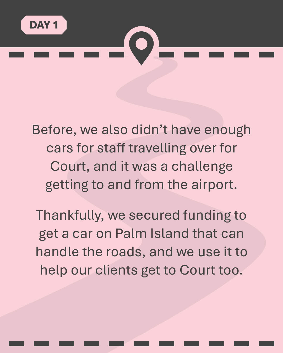 Before, we also didn’t have enough cars for staff travelling over for Court, and it was a challenge getting to and from the airport. Thankfully, we secured funding to get a car on Palm Island that can handle the roads, and we use it to help our clients get to Court too.