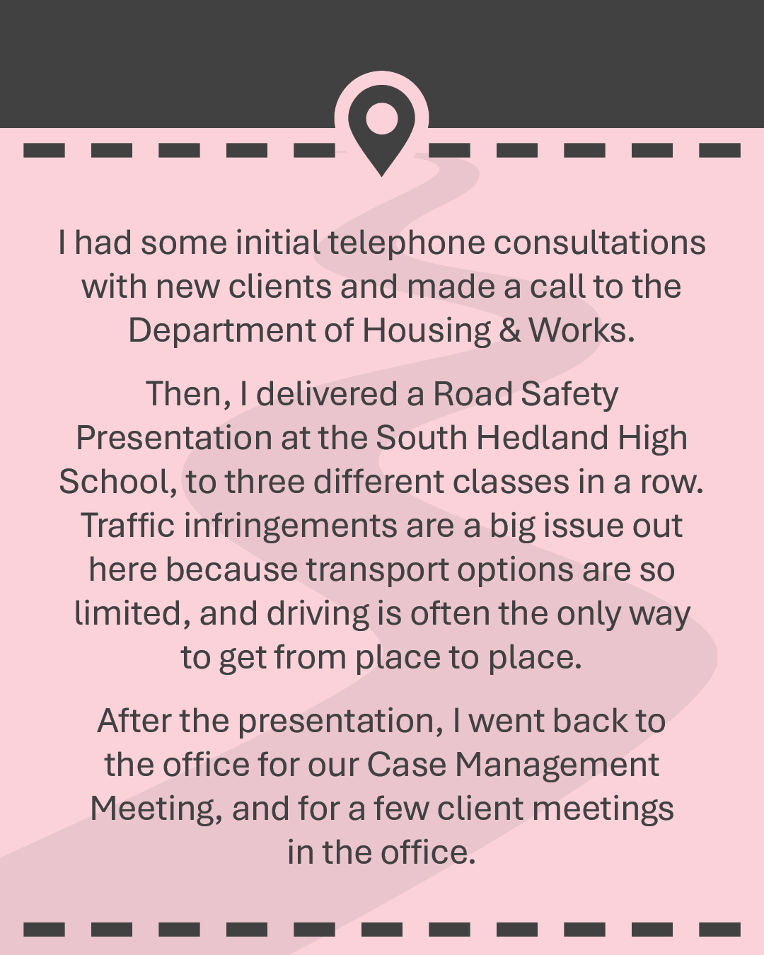 I had some initial telephone consultations with new clients and made a call to the Department of Housing & Works. Then, I delivered a Road Safety Presentation at the South Hedland High School, to three different classes in a row. Traffic infringements are a big issue out here because transport options are so limited, and driving is often the only way to get from place to place. After the presentation, I went back to the office for our Case Management Meeting, and for a few client meetings in the office.