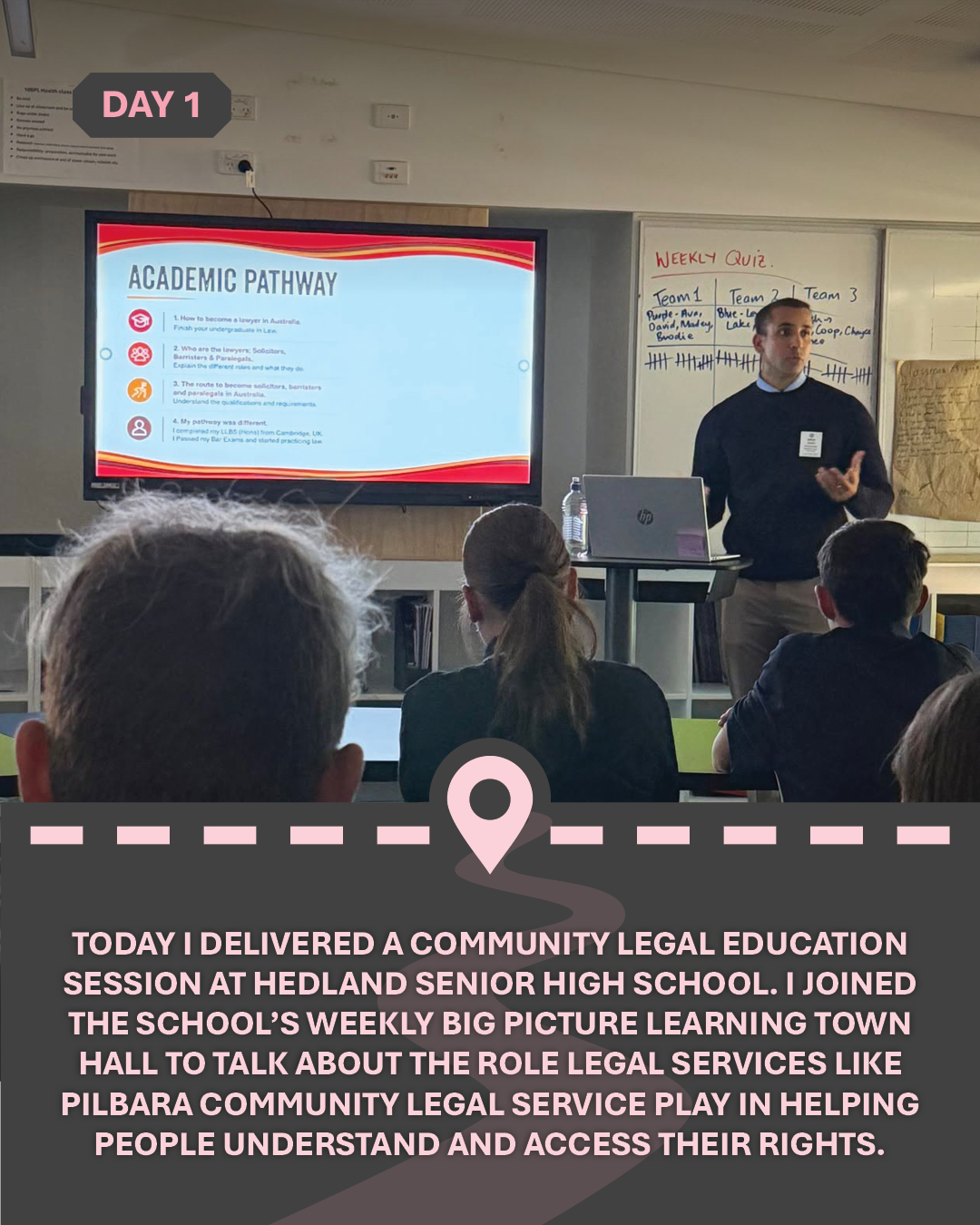 Image of Zanoon delivering a powerpoint presentation in a high school classroom, with text "Today I delivered a community legal education session at Hedland Senior High School. I joined the school’s weekly Big Picture Learning Town Hall to talk about the role legal services like Pilbara Community Legal Service play in helping people understand and access their rights."