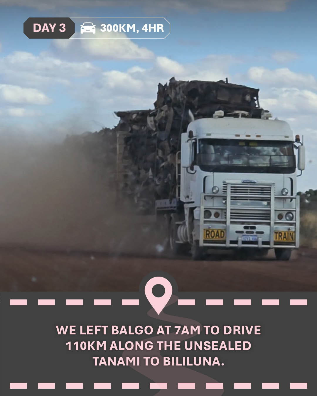 Image of a truck with logs on it driving on a dirt road with lots of dust, and text "We left Balgo at 7am to drive 110km along the unsealed Tanami to Bililuna."