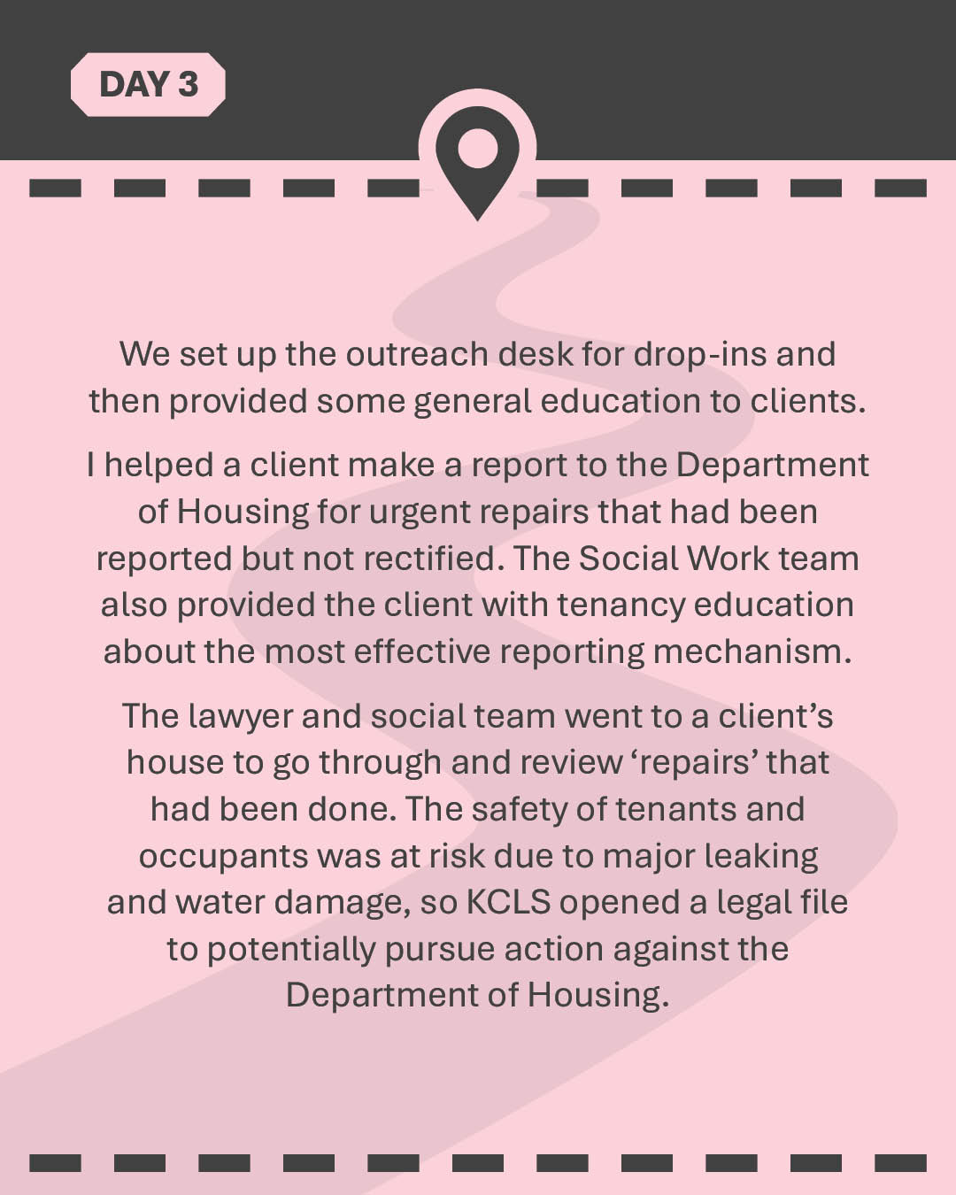 We set up the outreach desk for drop-ins and then provided some general education to clients. I helped a client make a report to the Department of Housing for urgent repairs that had been reported but not rectified. The Social Work team also provided the client with tenancy education about the most effective reporting mechanism. The lawyer and social team went to a client’s house to go through and review ‘repairs’ that had been done. The safety of tenants and occupants was at risk due to major leaking and water damage, so KCLS opened a legal file to potentially pursue action against the Department of Housing.