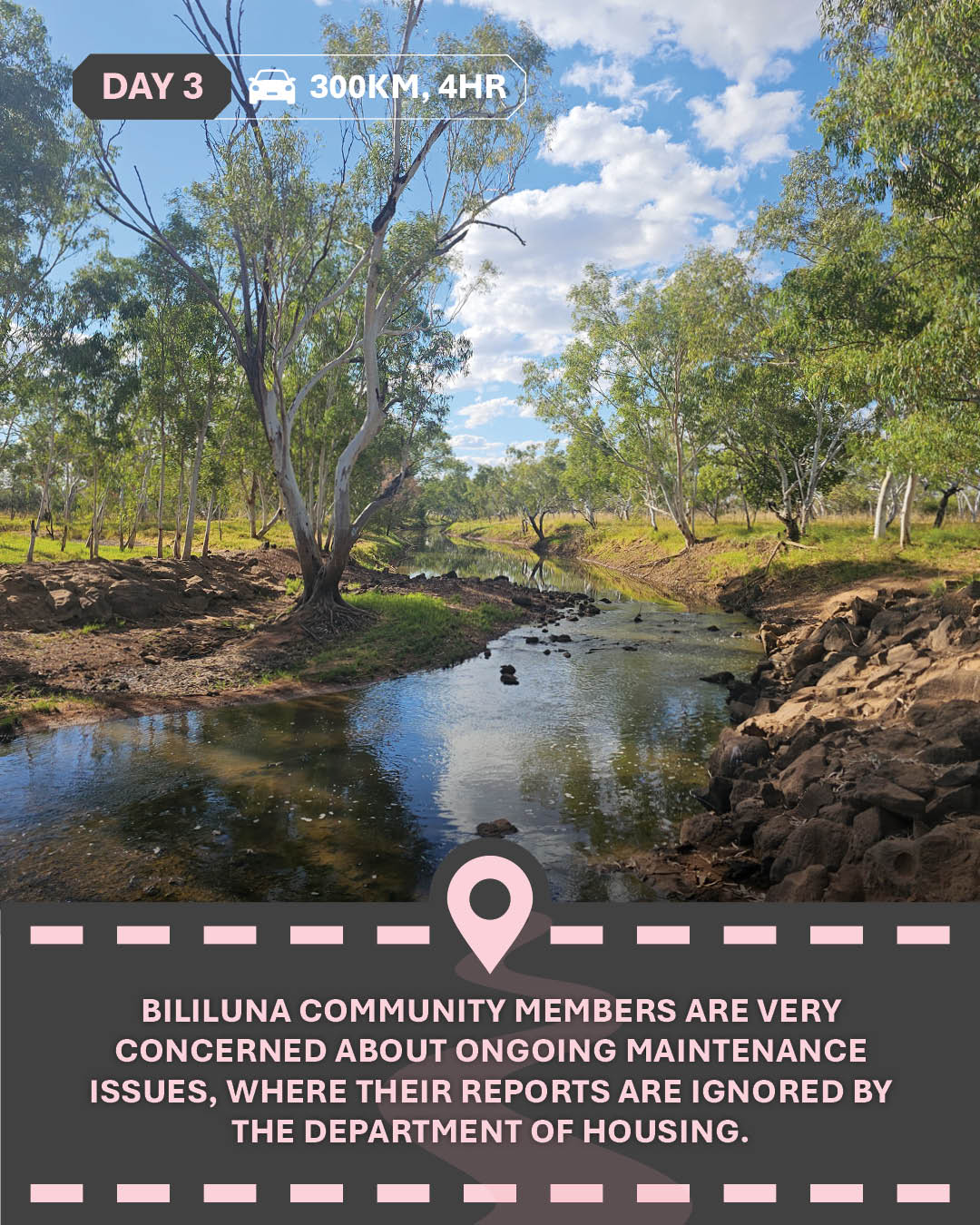 Image of a small river with trees beside, and text "Bililuna community members are very concerned about ongoing maintenance issues, where their reports are ignored by the Department of Housing."