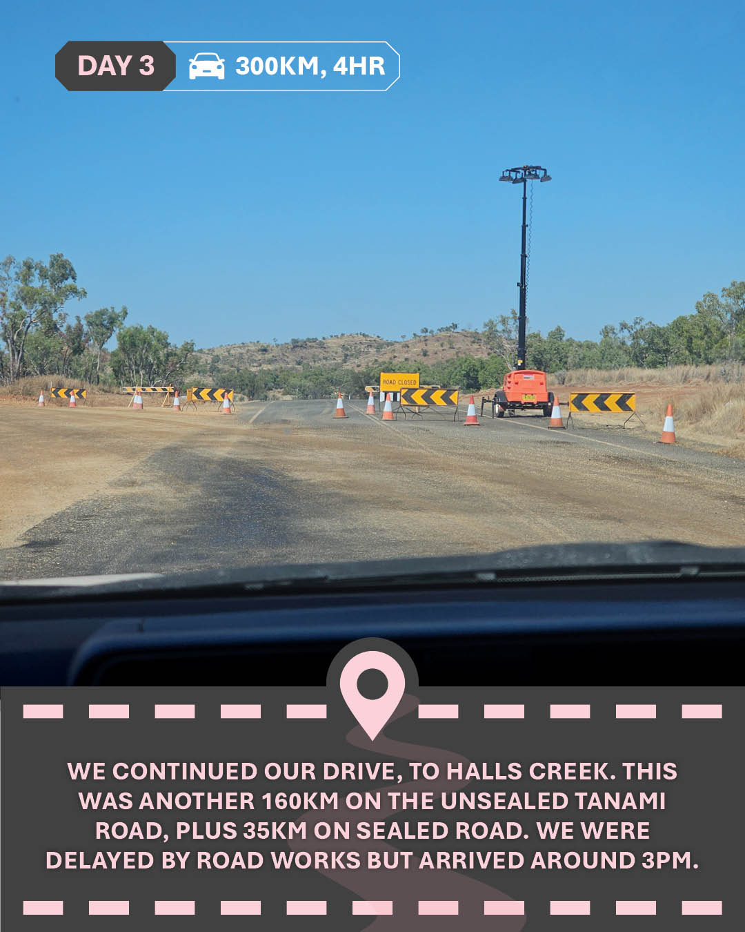 Image of a road with roadworks and a diversion, and text "We continued our drive, to Halls Creek. This was another 160km on the unsealed Tanami Road, plus 35km on sealed road. We were delayed by road works but arrived around 3pm."