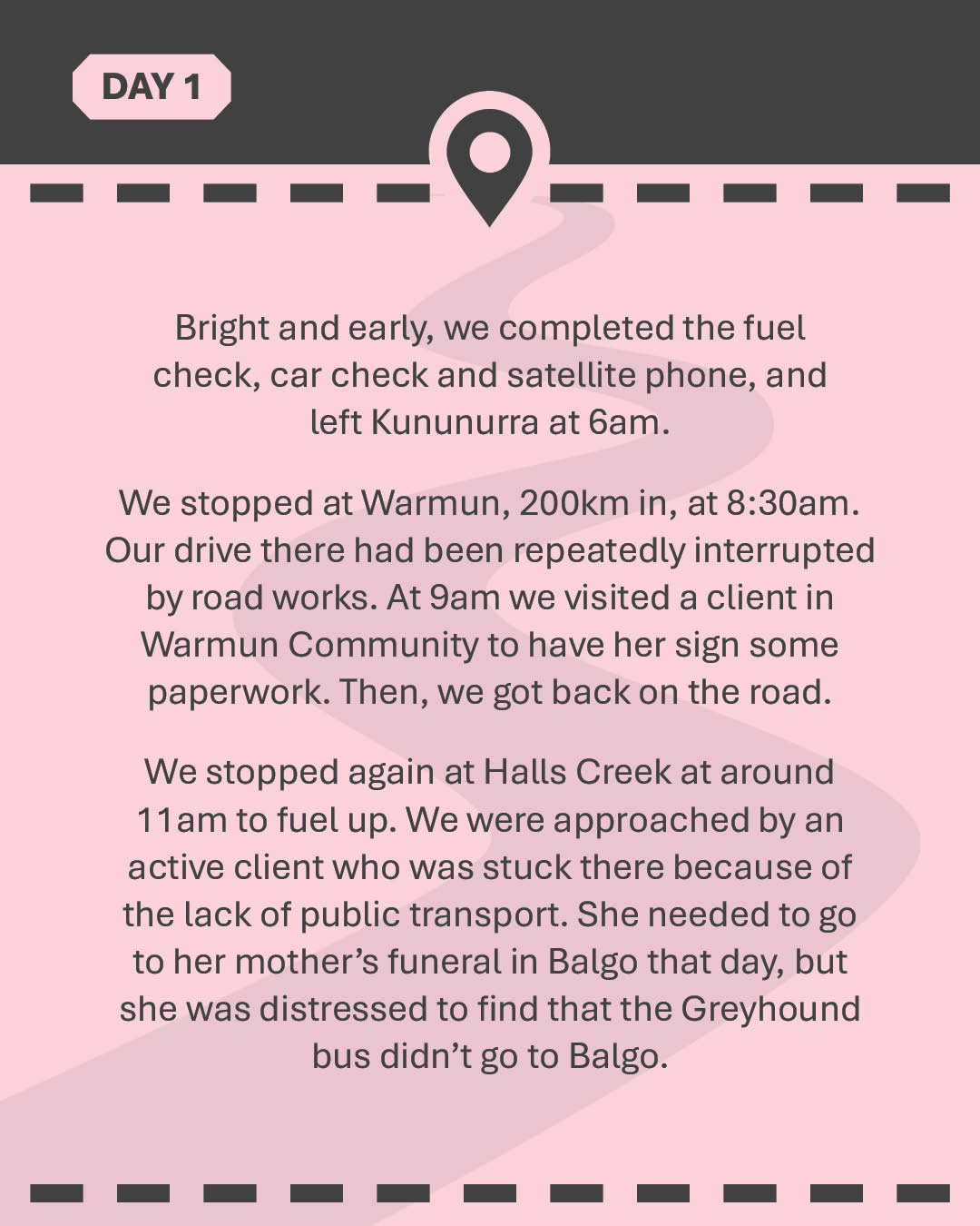 Bright and early, we completed the fuel check, car check and got the satellite phone, and left Kununurra at 6am. We stopped at Warmun, 200km in, at 8:30am. Our drive there had been repeatedly interrupted by road works. At 9am we visited a client in Warmun Community to have her sign some paperwork. Then, we got back on the road.
