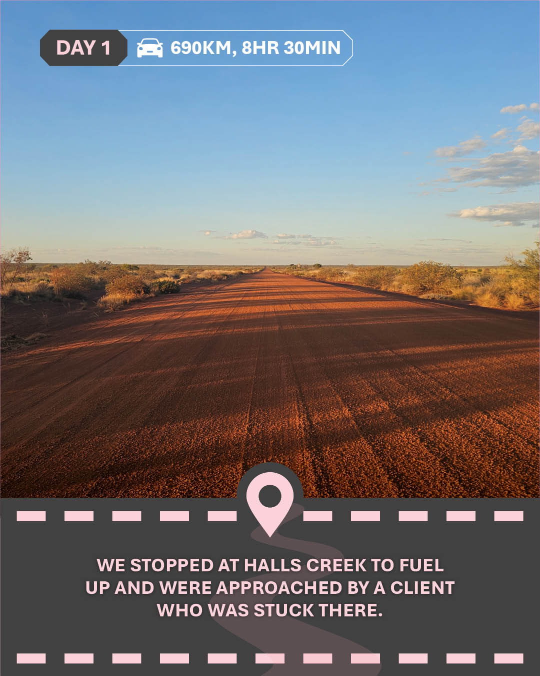 Image of red dirt road with text "We stopped at Halls Creek to fuel up and were approached by a client who was stuck there."