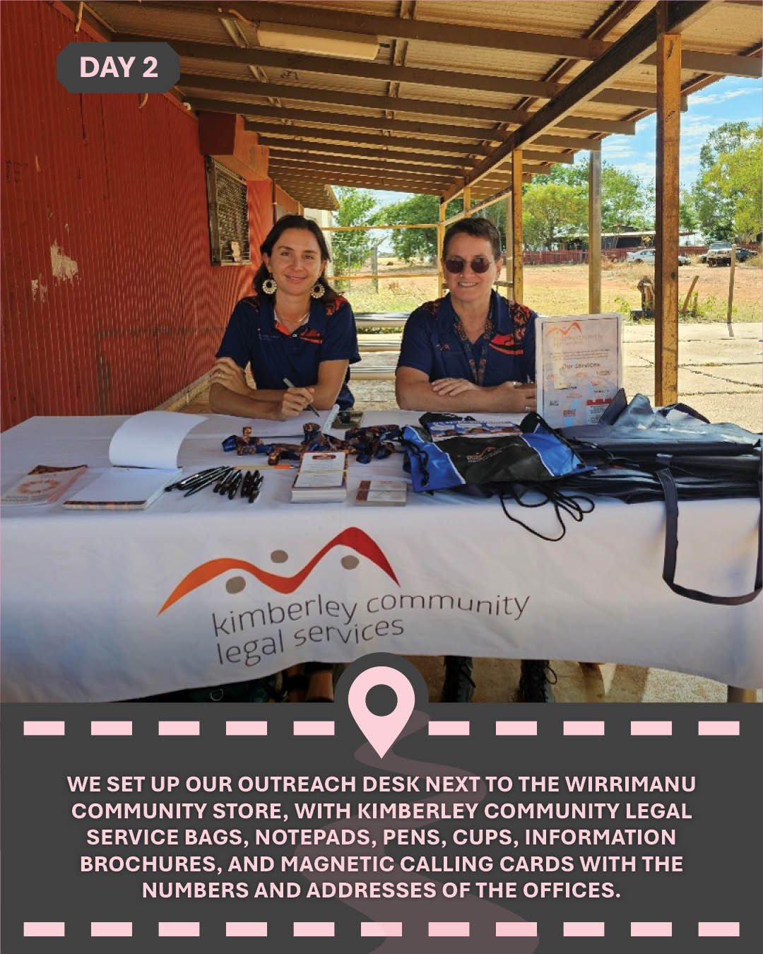Image of two people sitting at a table outside with text "We set up our outreach desk next to the Wirrimanu Community Store, with Kimberley Community Legal Service bags, notepads, pens, cups, information brochures, and magnetic calling cards with the numbers and addresses of the offices."