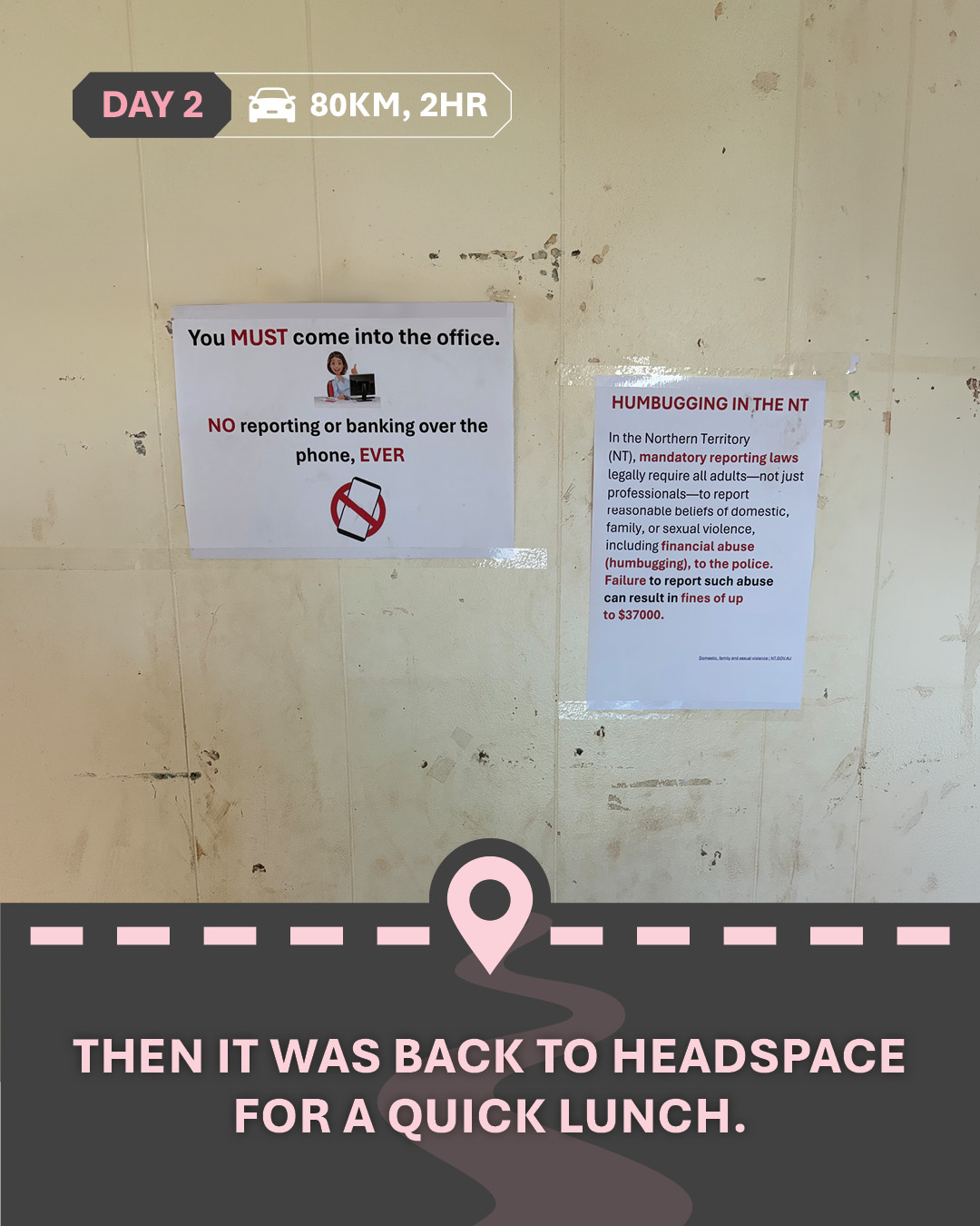 Image of a wall with some signs on it, with text "Then it was back to Headspace for a quick lunch"