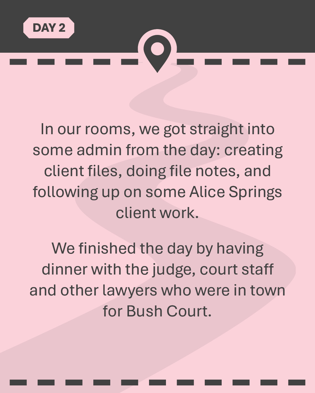 In our rooms, we got straight into some admin from the day: creating client files, doing file notes, and following up on some Alice Springs client work. We finished the day by having dinner with the judge, court staff and other lawyers who were in town for Bush Court.