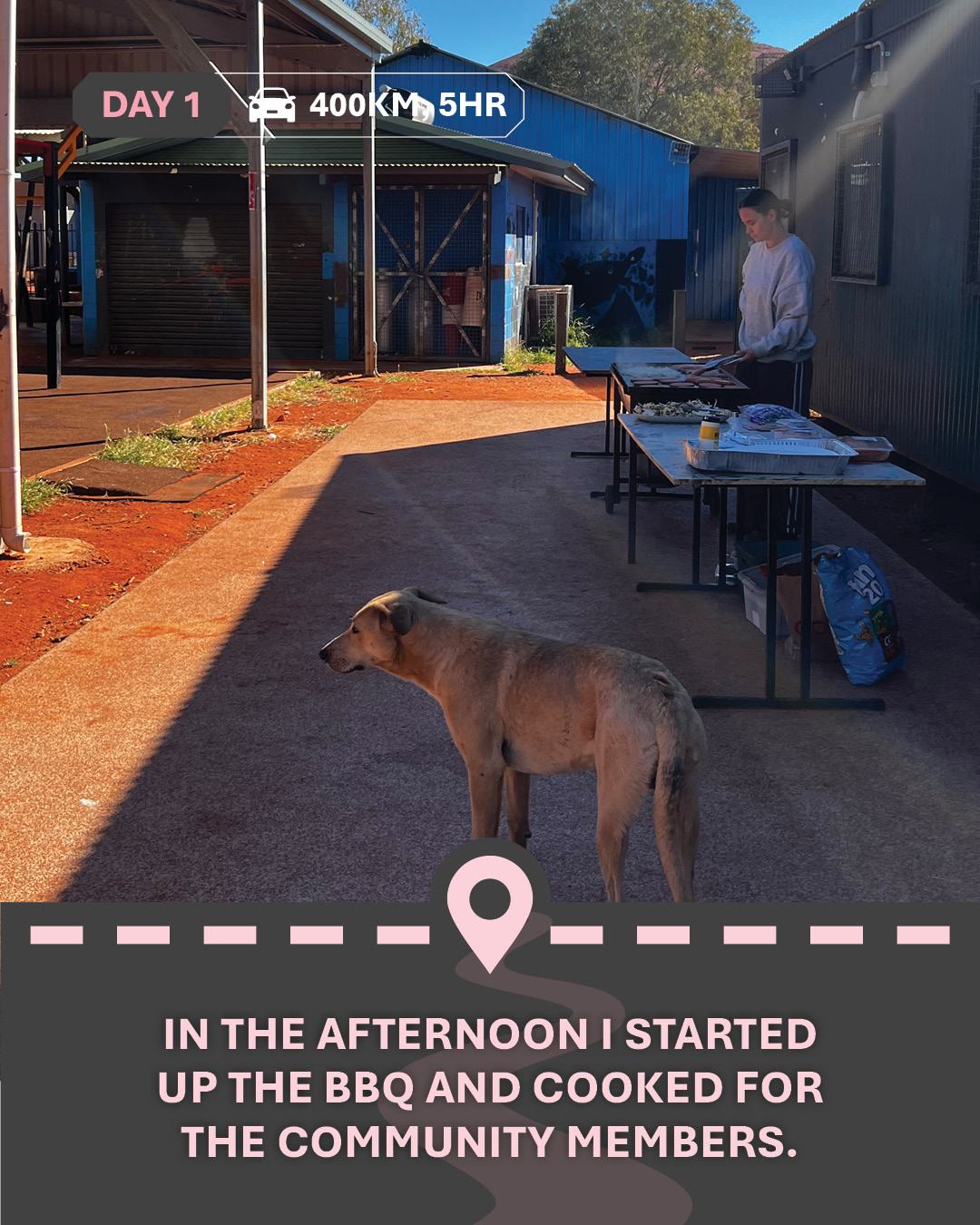 Image of a BBQ with a dog standing in front, with text "In the afternoon I started up the BBQ and cooked for the community members."