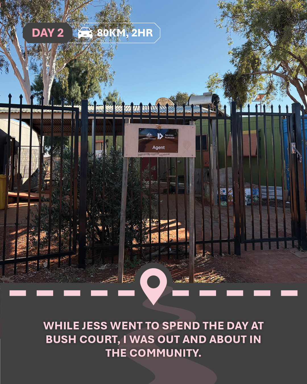 Image of a fence with a Services Australia sign, with text "While Jess went to spend the day at Bush Court, I was out and about in the community."