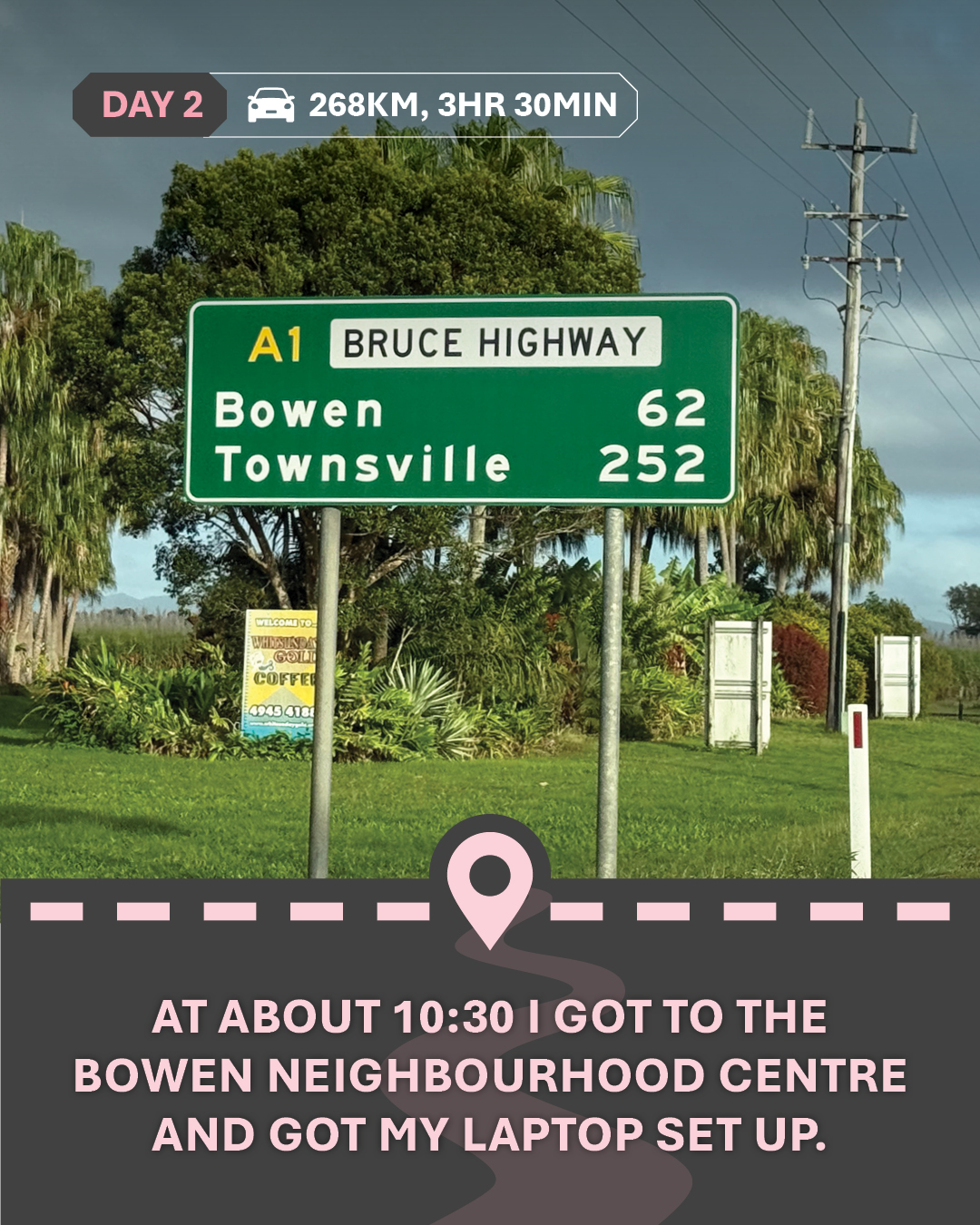 Image of a road sign showing 62km to Bowen and 252km to Townsville, with text "At about 10:30 I got to the Bowen Neighbourhood Centre and got my laptop set up."
