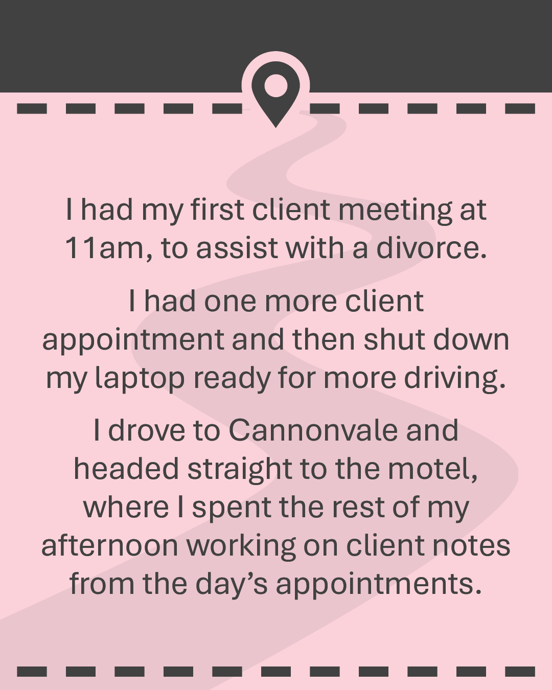 I had my first client meeting at 11am, to assist with a divorce. I had one more client appointment and then shut down my laptop ready for more driving. I drove to Cannonvale and headed straight to the motel, where I spent the rest of my afternoon working on client notes from the day’s appointments.
