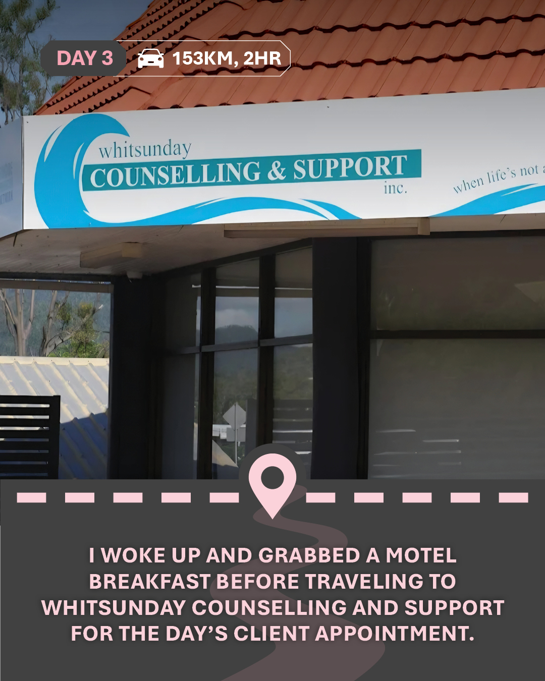 Image of the Whitsunday counselling and support office, with text "I woke up and grabbed a motel breakfast before traveling to Whitsunday Counselling and Support for the day’s client appointment."