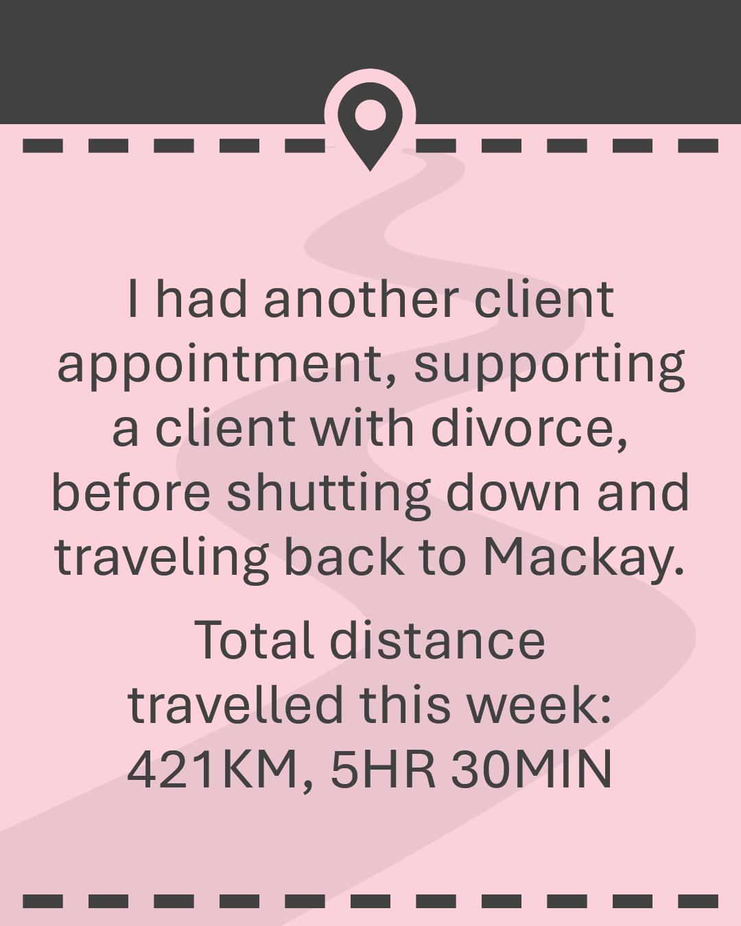 I had another client appointment, supporting a client with divorce, before shutting down and traveling back to Mackay. Total distance travelled this week: 421KM, 5HR 30MIN