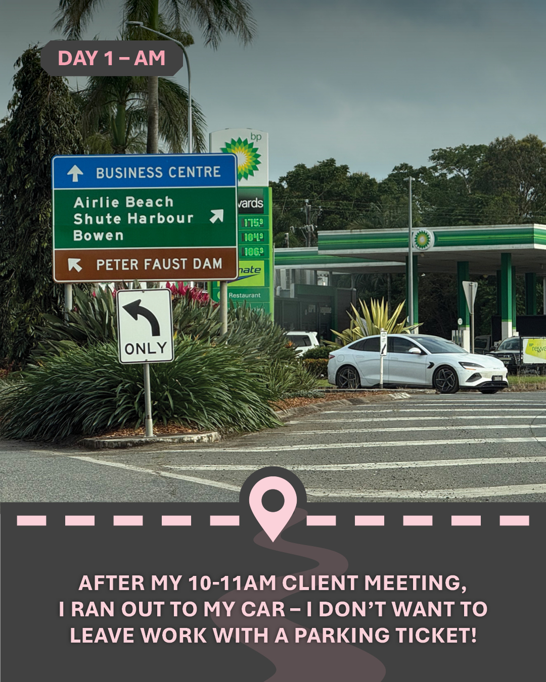 Image of a street with some signs, with text "After my 10-11am client meeting, I ran out to my car – I don’t want to leave work with a parking ticket!"