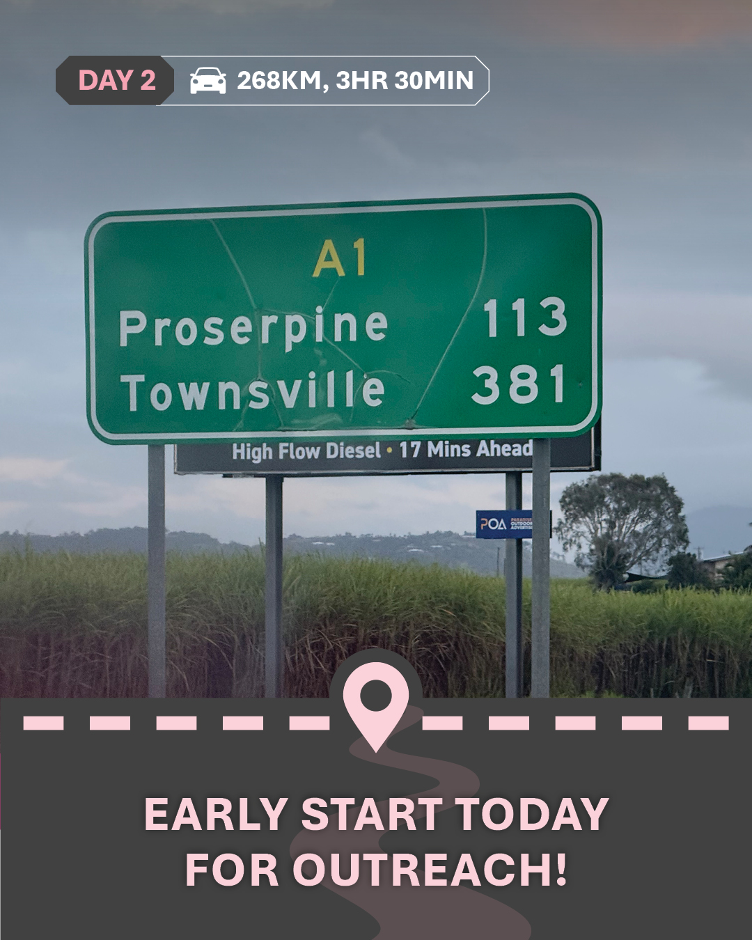 Image of a sign displaying distances to Proserpine and Townsville, with text "Early start today for outreach!"