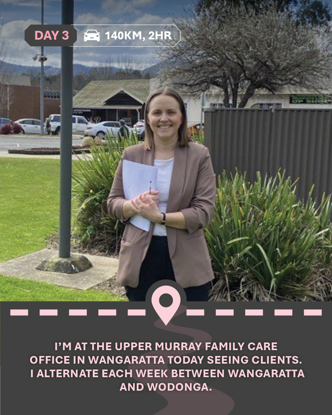 Image of Kristi outside, with text "I’m at the Upper Murray Family Care office in Wangaratta today seeing clients. I alternate each week between Wangaratta and Wodonga."