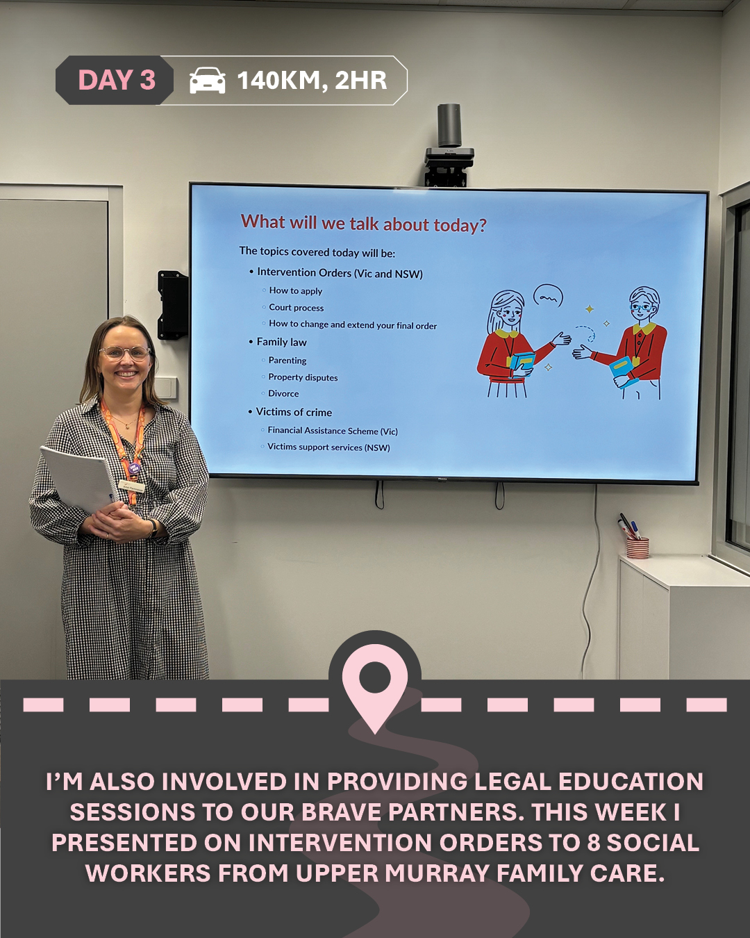 Image of Kristi in front of a powerpoint presentation, and text "I’m also involved in providing legal education sessions to our BRAVE partners. This week I presented on Intervention Orders to 8 social workers from Upper Murray Family Care."