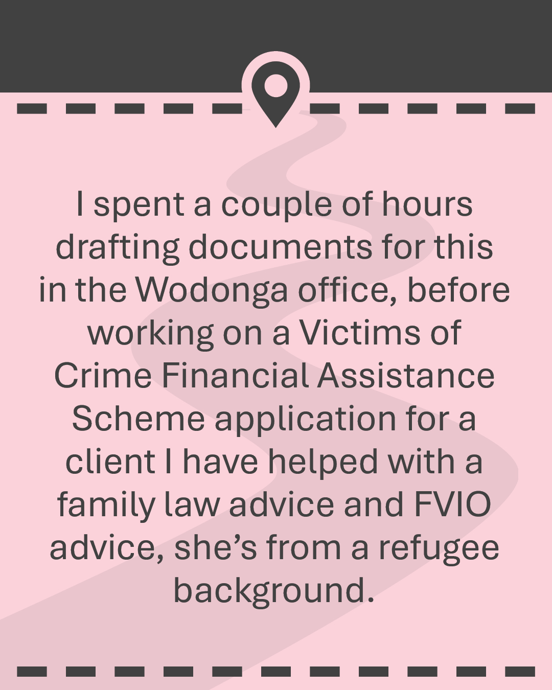 I spent a couple of hours drafting documents for this in the Wodonga office, before working on a Victims of Crime Financial Assistance Scheme application for a client I have helped with a family law advice and FVIO advice, she’s from a refugee background.