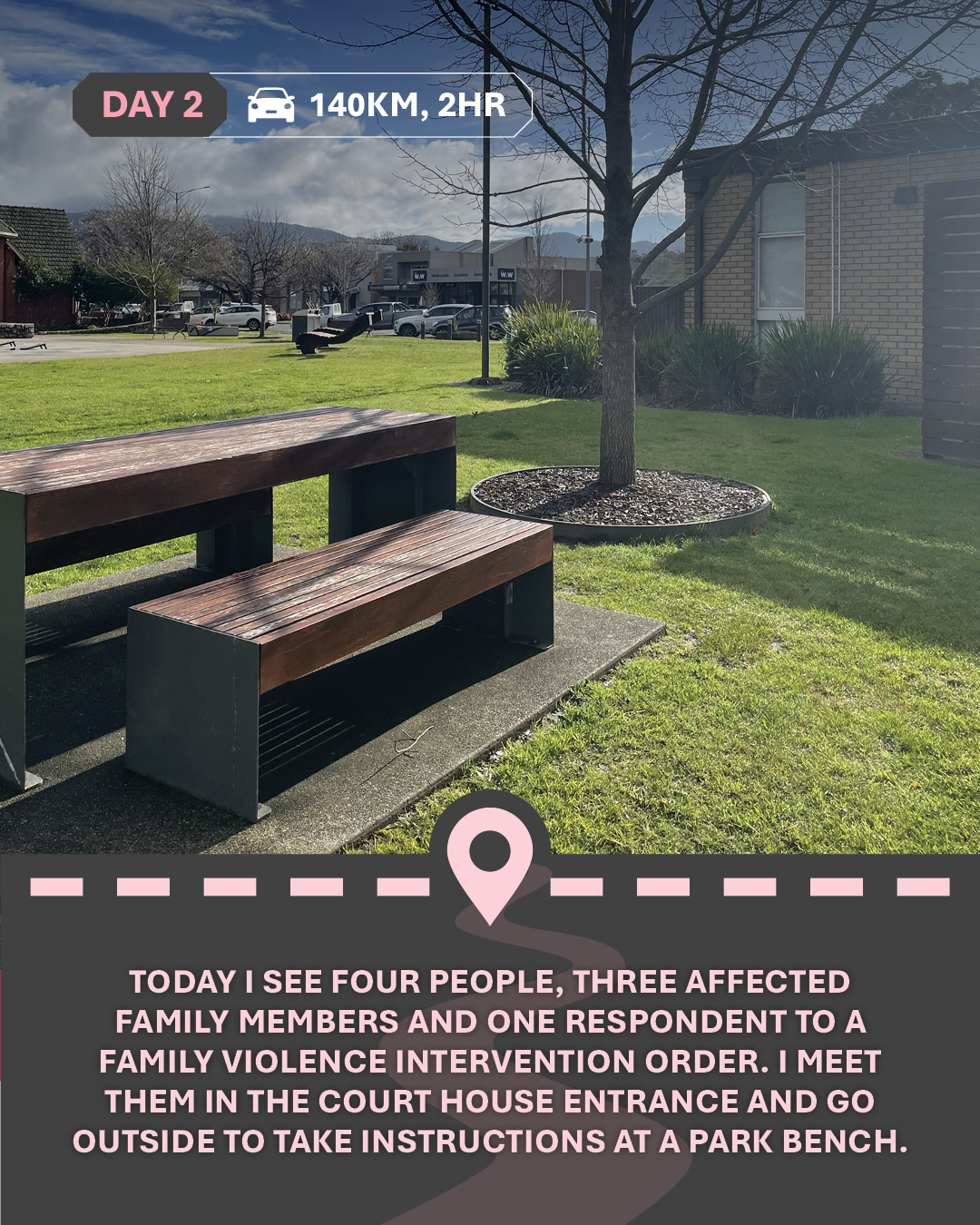 Image of a bench and table outside on some grass, with text "Today I see four people, three affected family members and one respondent to a Family Violence Intervention Order. I meet them in the Court House entrance and go outside to take instructions at a park bench."