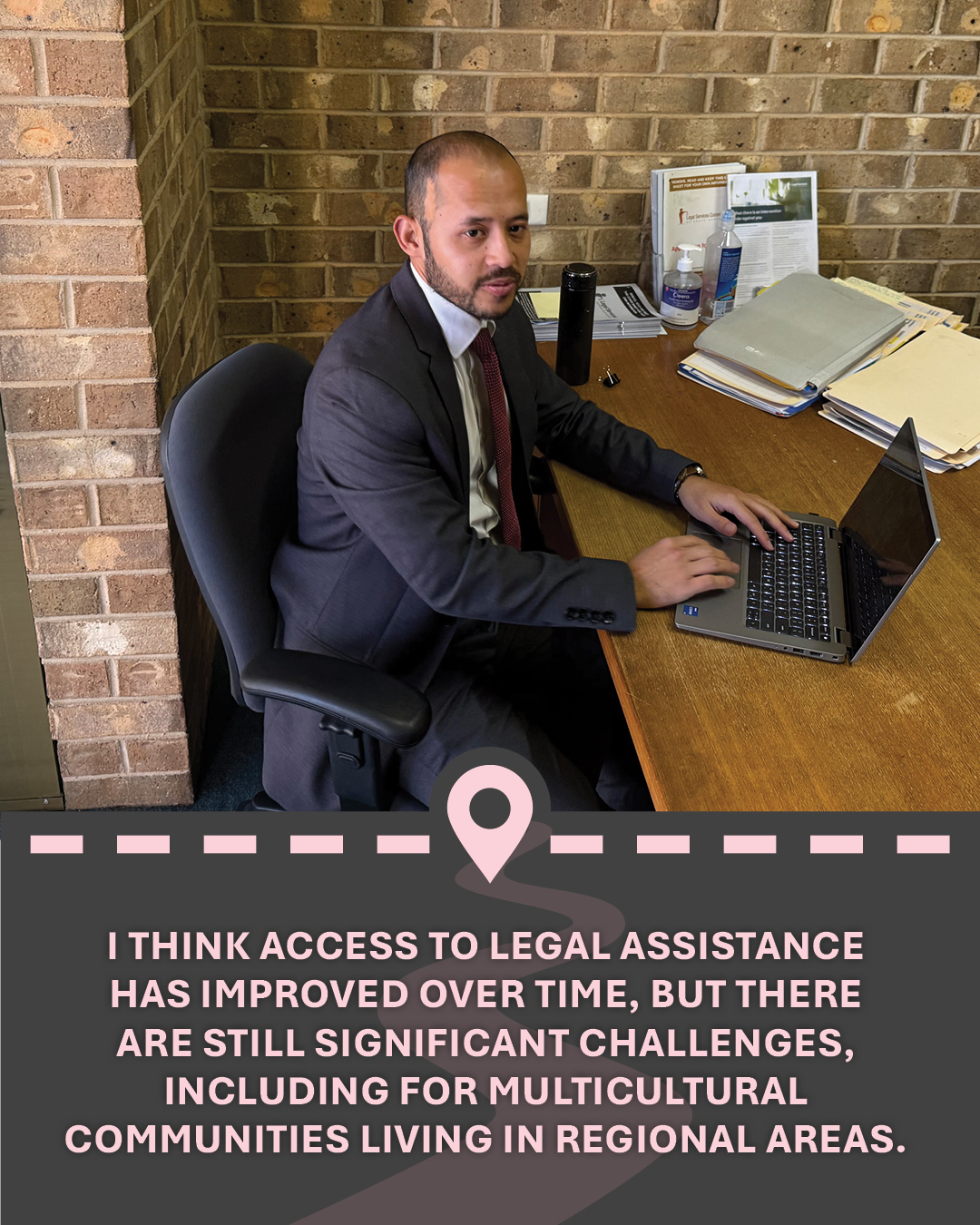 Image of Murtaza sitting at a desk working on his laptop, with text "I think access to legal assistance has improved over time, but there are still significant challenges, including for multicultural communities living in regional areas."