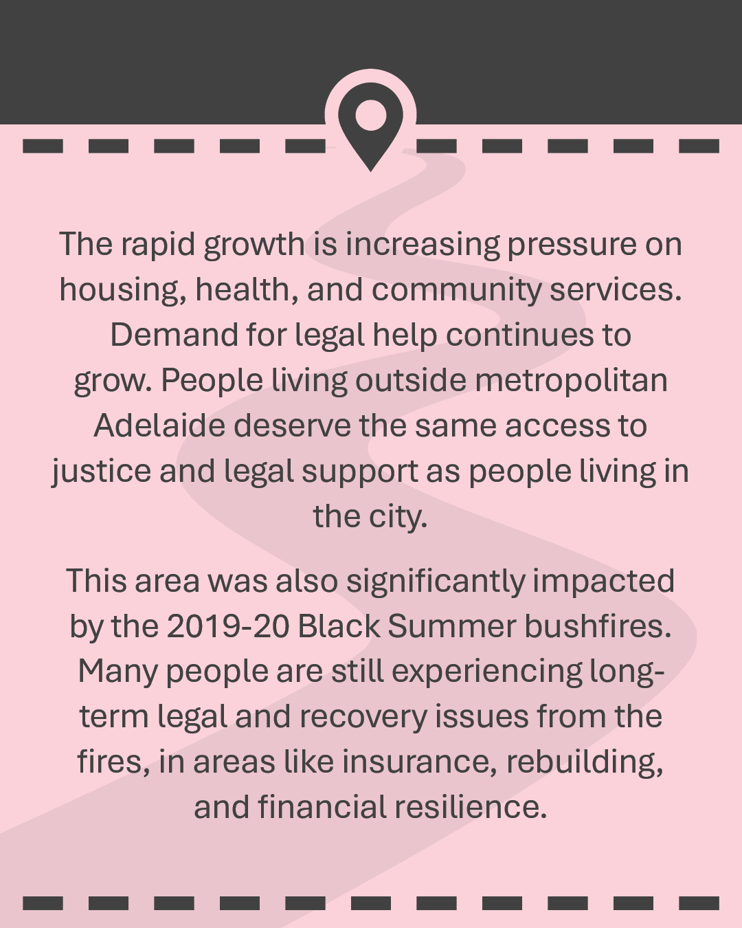 The rapid growth is increasing pressure on housing, health, and community services. Demand for legal help continues to grow. People living outside metropolitan Adelaide deserve the same access to justice and legal support as people living in the city. This area was also significantly impacted by the 2019-20 Black Summer bushfires. Many people are still experiencing long-term legal and recovery issues from the fires, in areas like insurance, rebuilding, and financial resilience.