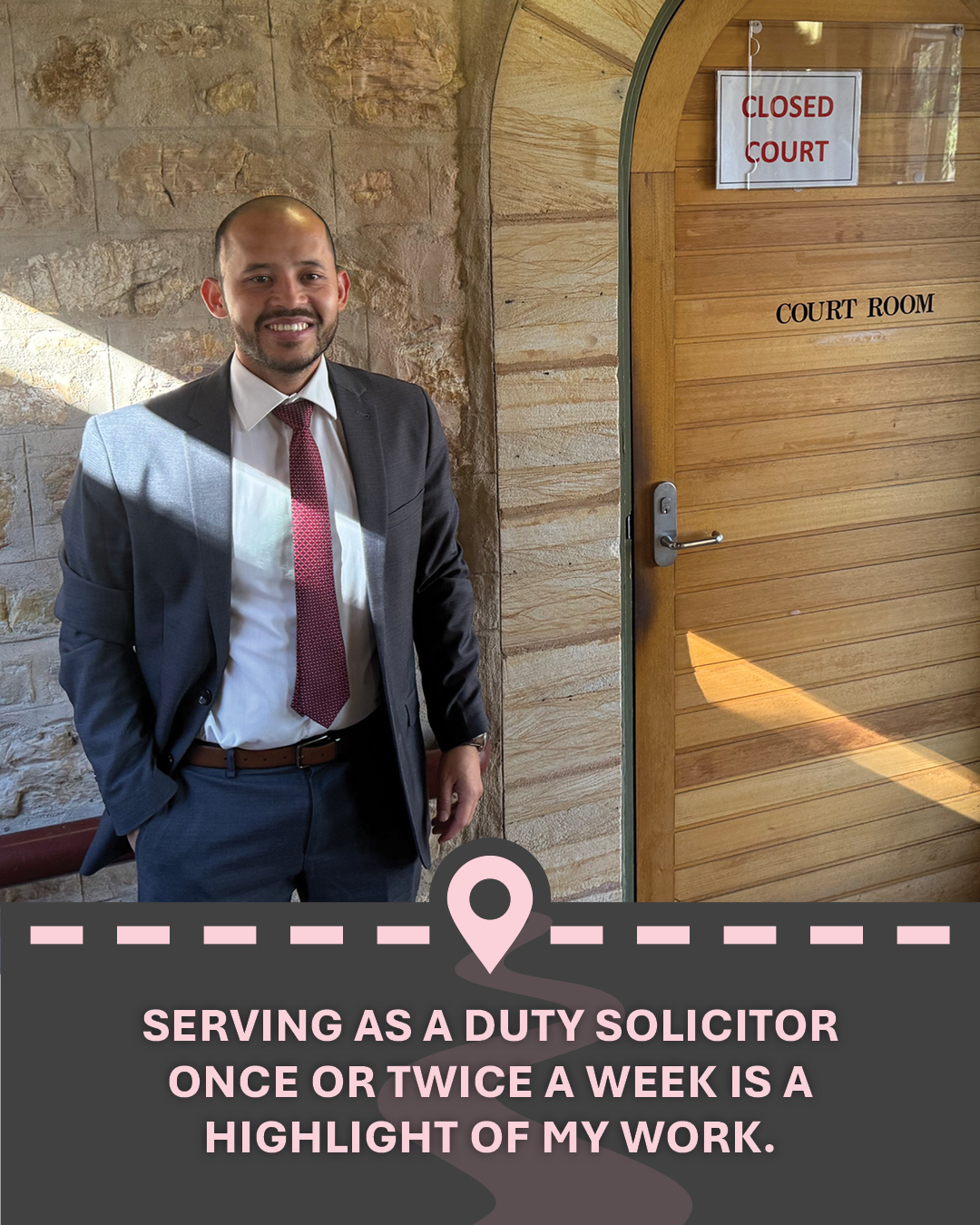 Image of Murtaza out in front of a courtroom with text "Serving as a duty solicitor once or twice a week is a highlight of my work."