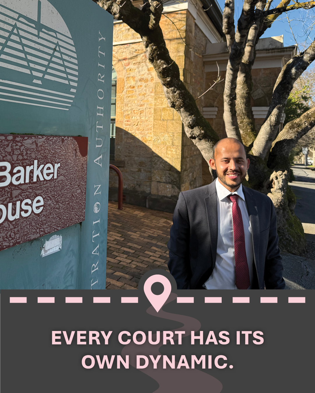 Image of Murtaza with the Mount Barker Courthouse sign, with text "Every court has its own dynamic."