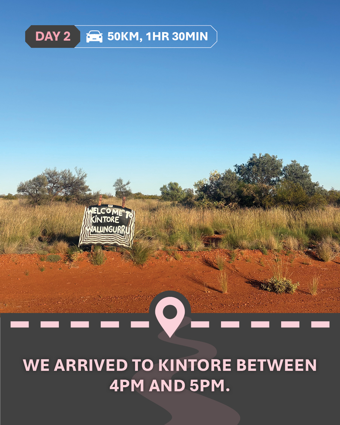 Image of a Welcome to Kintore sign, with text "We arrived to Kintore between 4pm and 5pm"