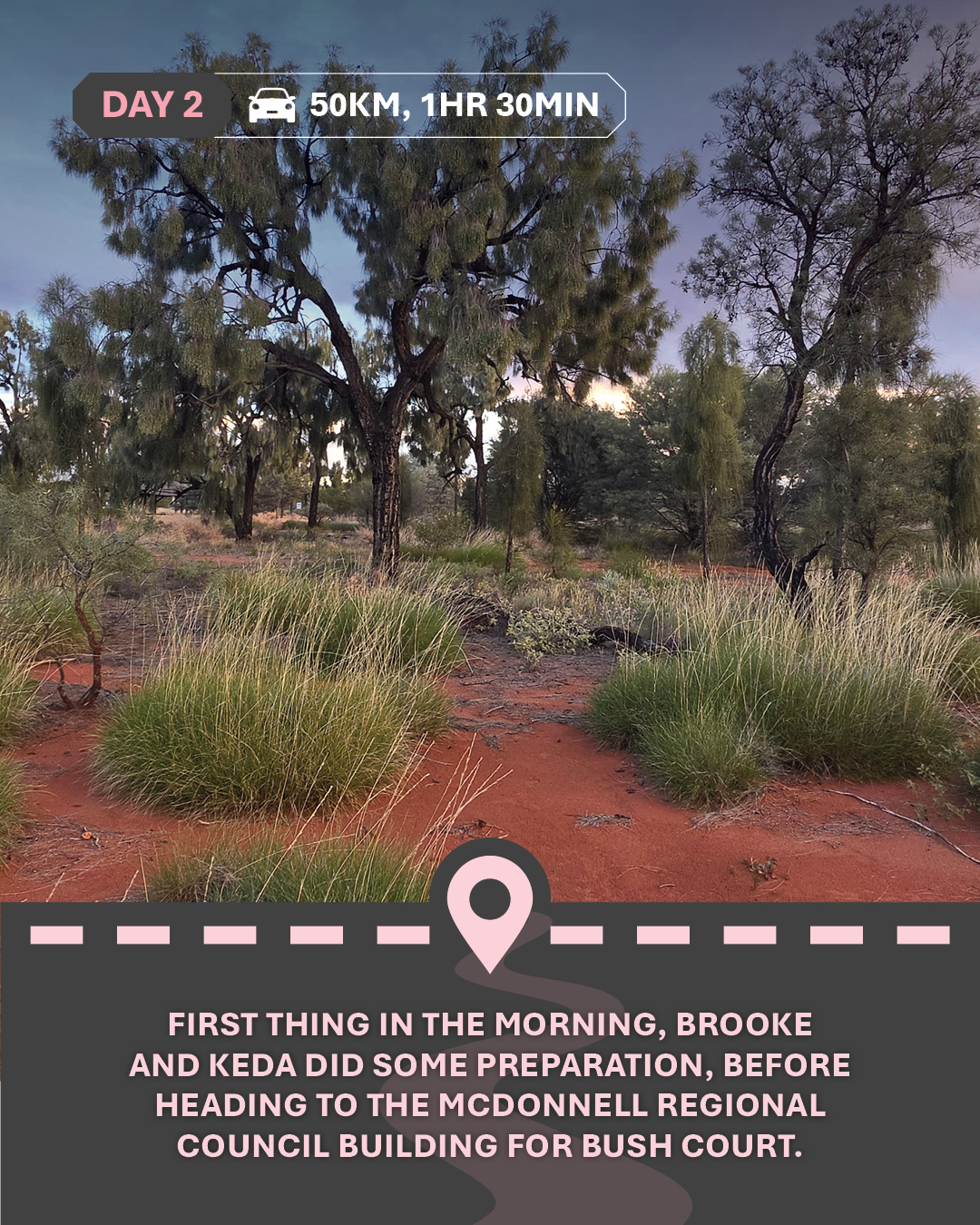 Image of trees and grasses on red dirt, with text " First thing in the morning, Brooke and Keda did some preparation, before heading to the McDonnell Regional Council building for bush"