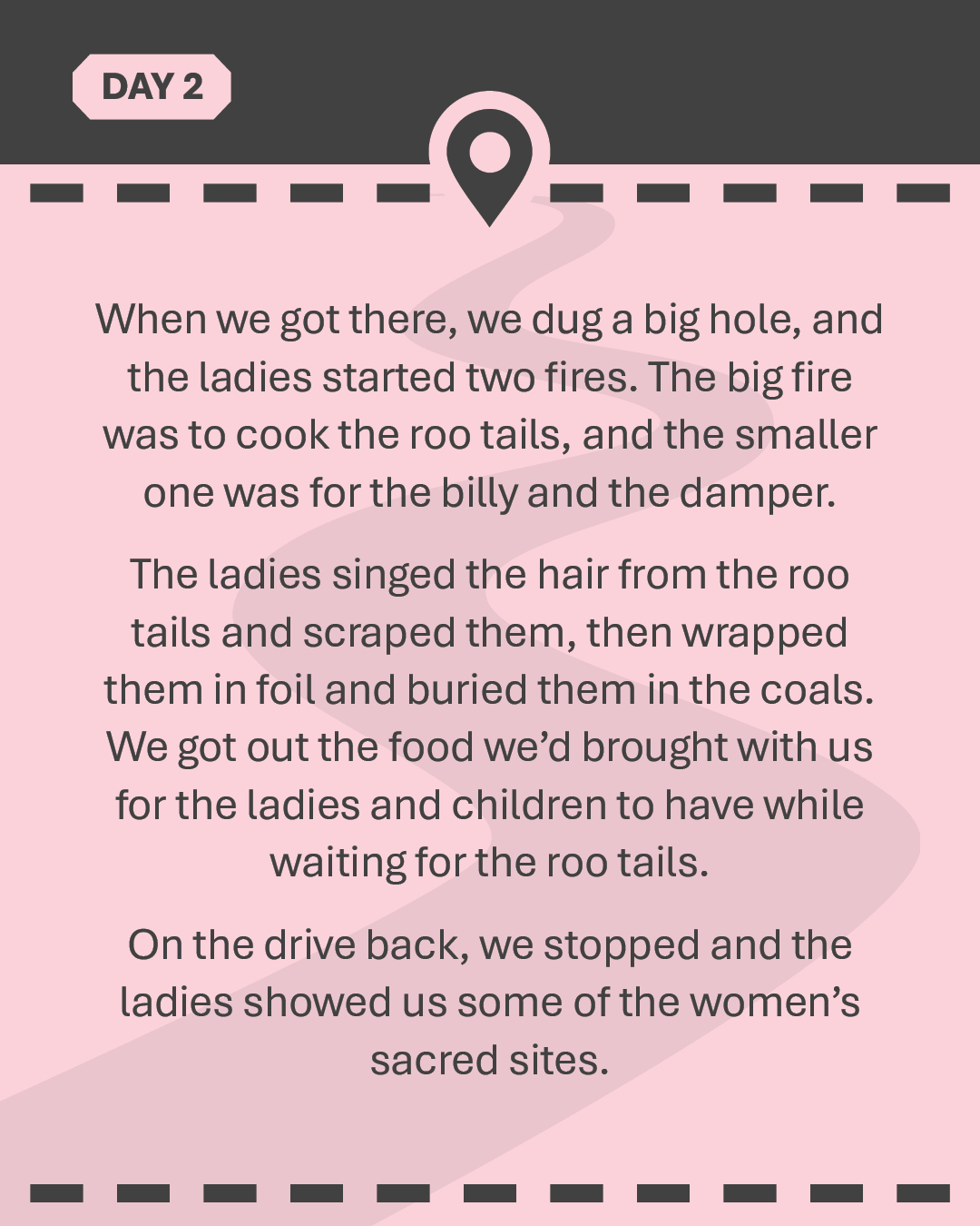 When we got there, we dug a big hole, and the ladies started two fires. The big fire was to cook the roo tails, and the smaller one was for the billy and the damper. The ladies singed the hair from the roo tails and scraped them, then wrapped them in foil and buried them in the coals. We got out the food we’d brought with us for the ladies and children to have while waiting for the roo tails. On the drive back, we stopped and the ladies showed us some of the women’s sacred sites.