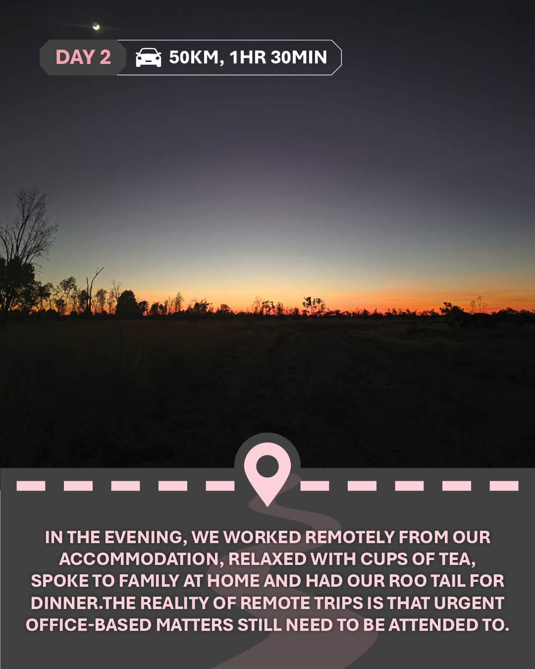 Image of late sunset over the desert, with text "In the evening, we worked remotely from our accommodation, relaxed with cups of tea, spoke to family at home and had our roo tail for dinner. The reality of remote trips is that urgent office-based matters still need to be attended to."