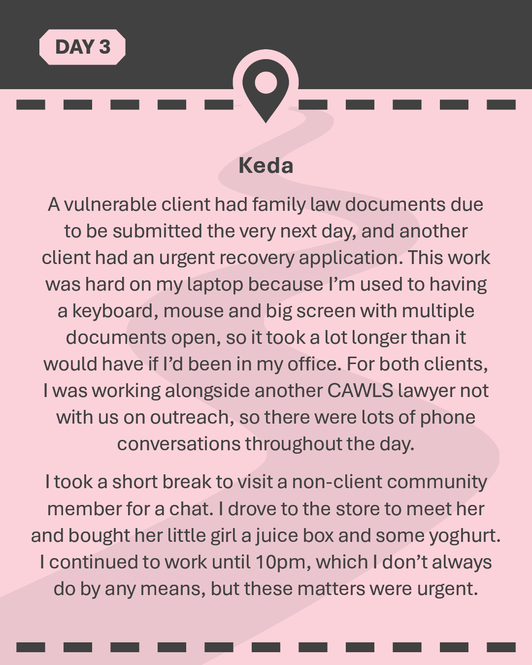 KEDA A vulnerable client had family law documents due to be submitted the very next day, and another client had an urgent recovery application. This work was hard on my laptop because I’m used to having a keyboard, mouse and big screen with multiple documents open, so it took a lot longer than it would have if I’d been in my office. For both clients, I was working alongside another CAWLS lawyer not with us on outreach, so there were lots of phone conversations throughout the day. I took a short break to visit a non-client community member for a chat. I drove to the store to meet her and bought her little girl a juice box and some yoghurt. I continued to work until 10pm, which I don’t always do by any means, but these matters were urgent.