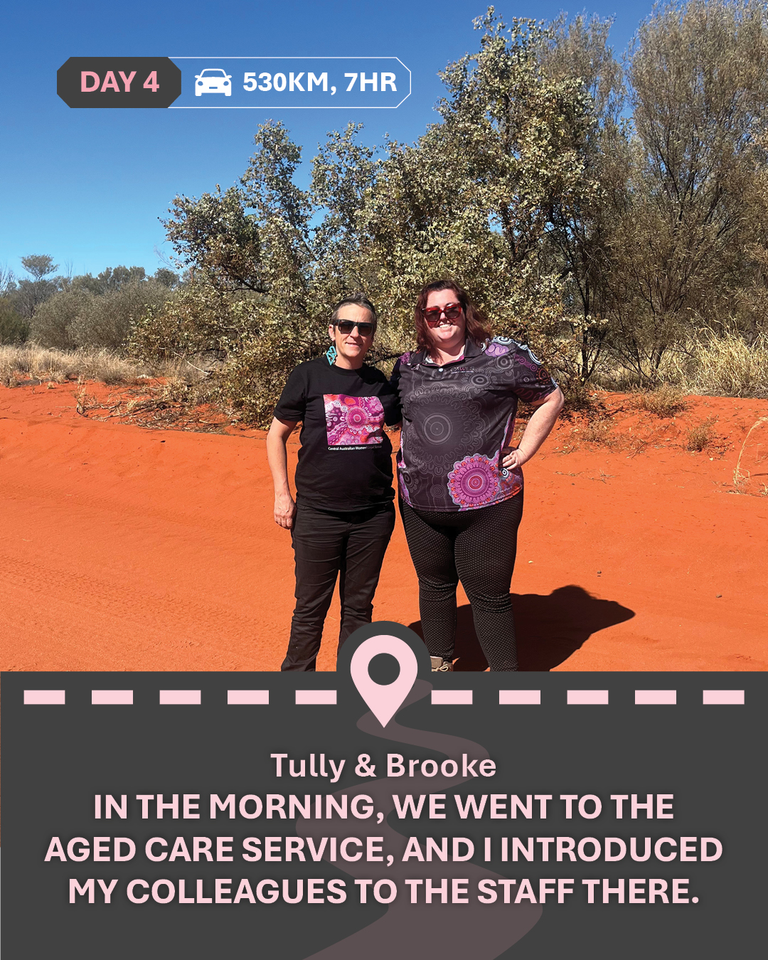 Image of Tully and Brooke standing together on red dirt, with text "In the morning, we went to the aged care service, and I introduced my colleagues to the staff there."