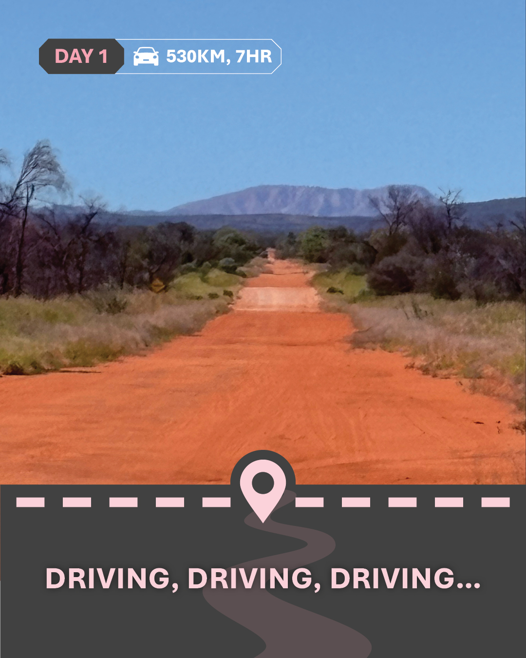 Image of a red dirt road and text "driving, driving, driving..."