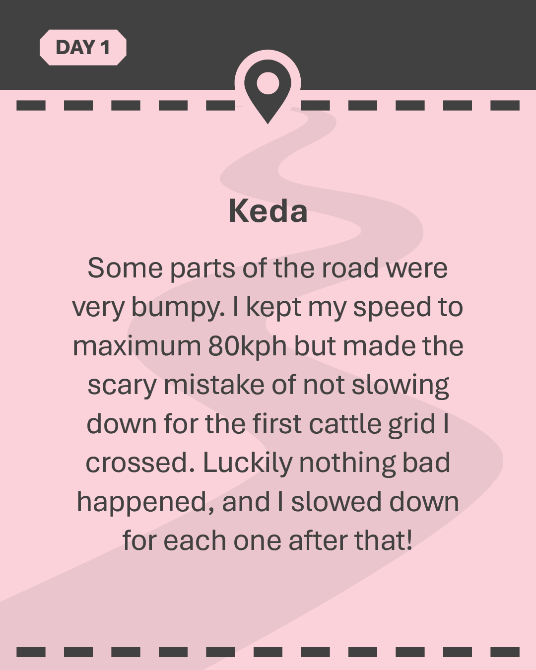 KEDA Some parts of the road were very bumpy. I kept my speed to maximum 80kph but made the scary mistake of not slowing down for the first cattle grid I crossed. Luckily nothing bad happened, and I slowed down for each one after that!