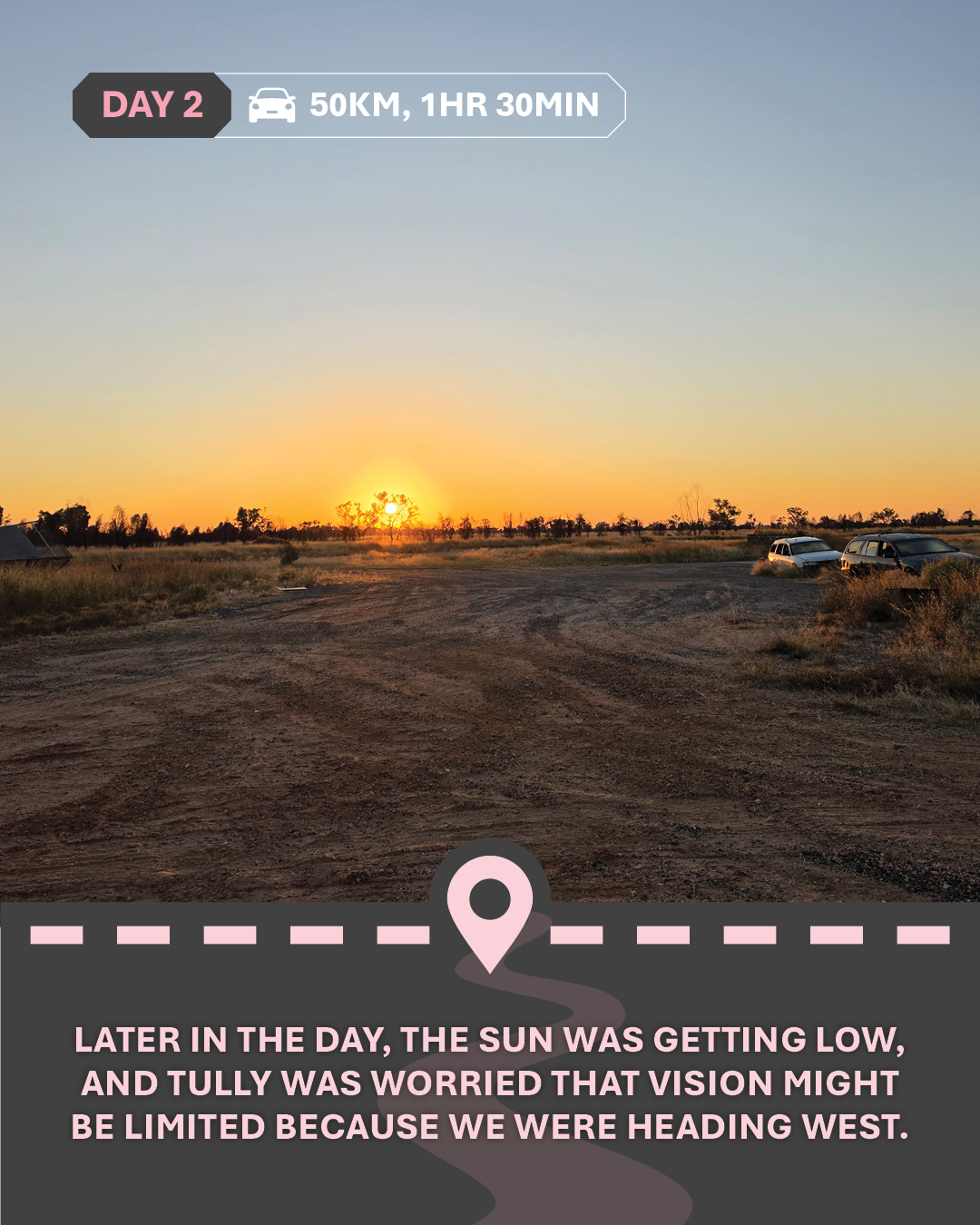 Image of a sunset over the desert with text "Later in the day, the sun was getting low, and Tully was worried that vision might be limited because we were heading west. "
